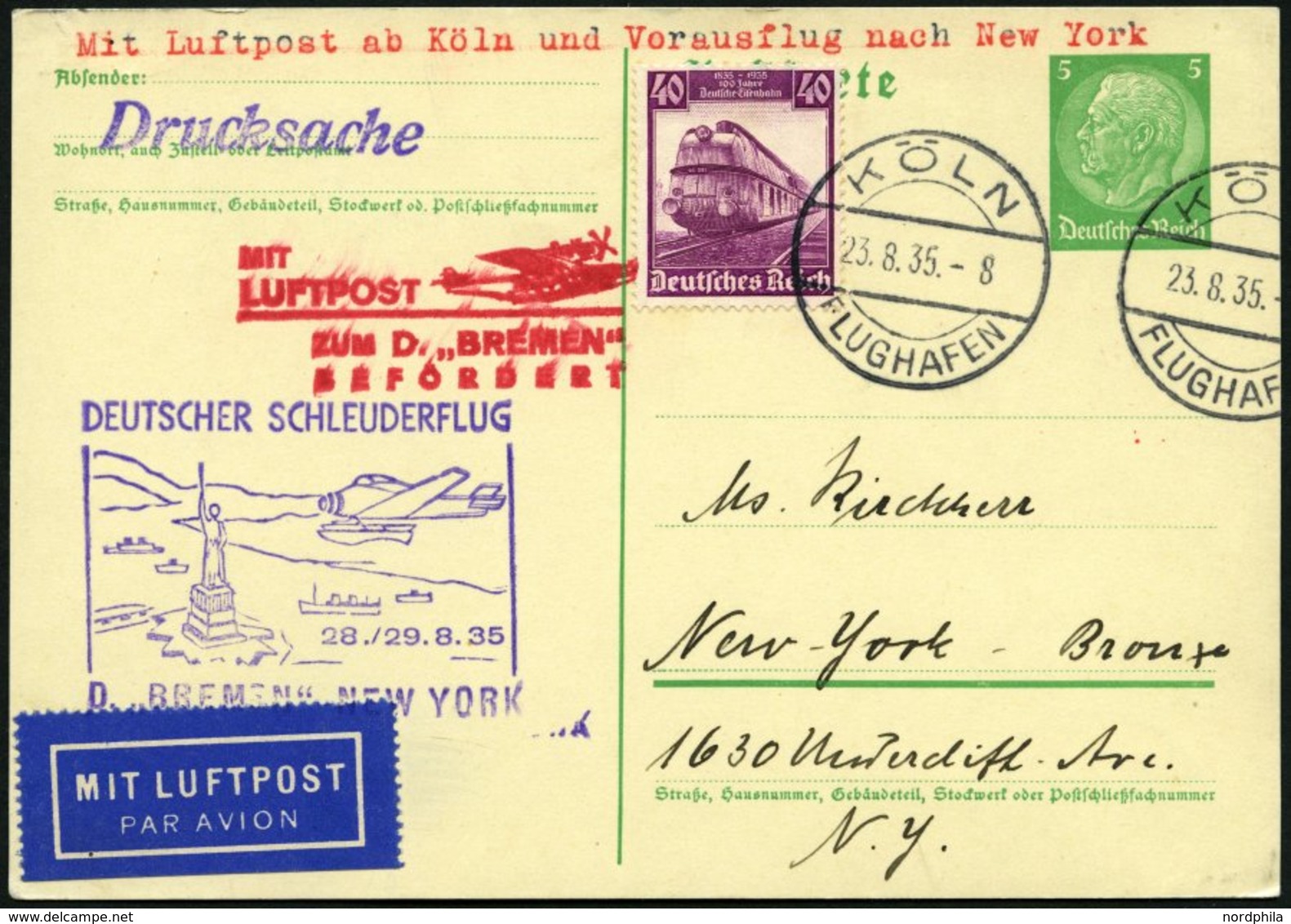 KATAPULTPOST 209c BRIEF, 29.8.1935, &quot,Bremen&quot, - New York, Nachbringe- Und Schleuderflug, Auf 5 Pf. Hindenburg - - Covers & Documents