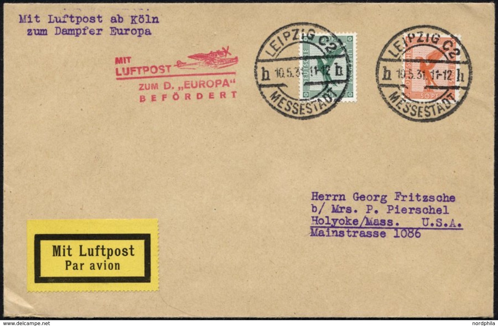 KATAPULTPOST 10.5.1931, Mit Luftpost Zum Dampfer Europa Befördert, Luftpostbrief Von Leipzig In Die USA, Pracht - Storia Postale