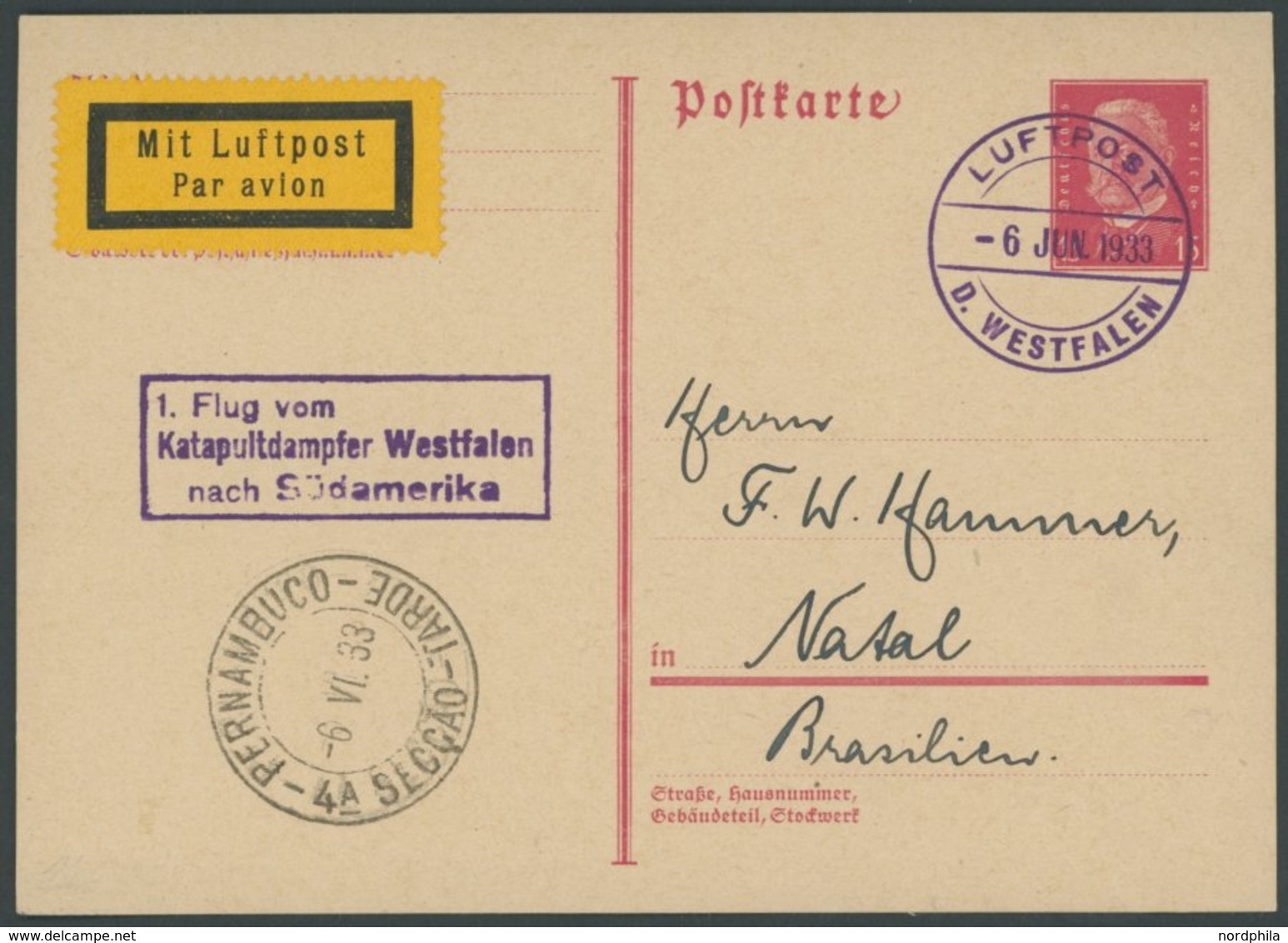 KATAPULTPOST 6.6.1933, 1. Flug Vom Katapultdampfer Westfalen Nach Südamerika, Prachtkarte Nach Brasilien - Covers & Documents