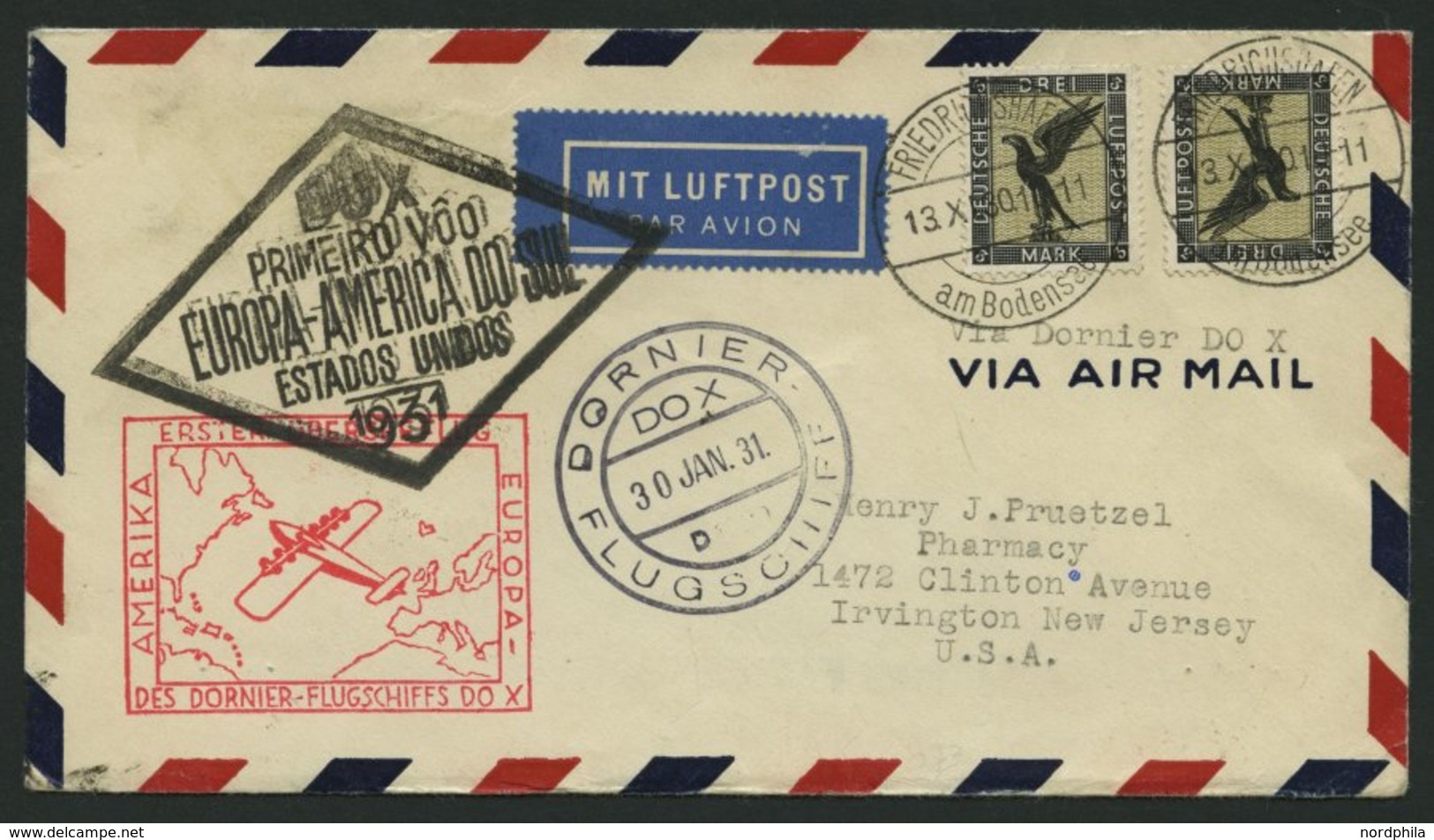 DO-X LUFTPOST 7.b. BRIEF, 13.11.1930, Aufgabe Friedrichshafen, Via Rio Nach Nordamerika, Mit Seltener Mehrfachfrankatur  - Storia Postale