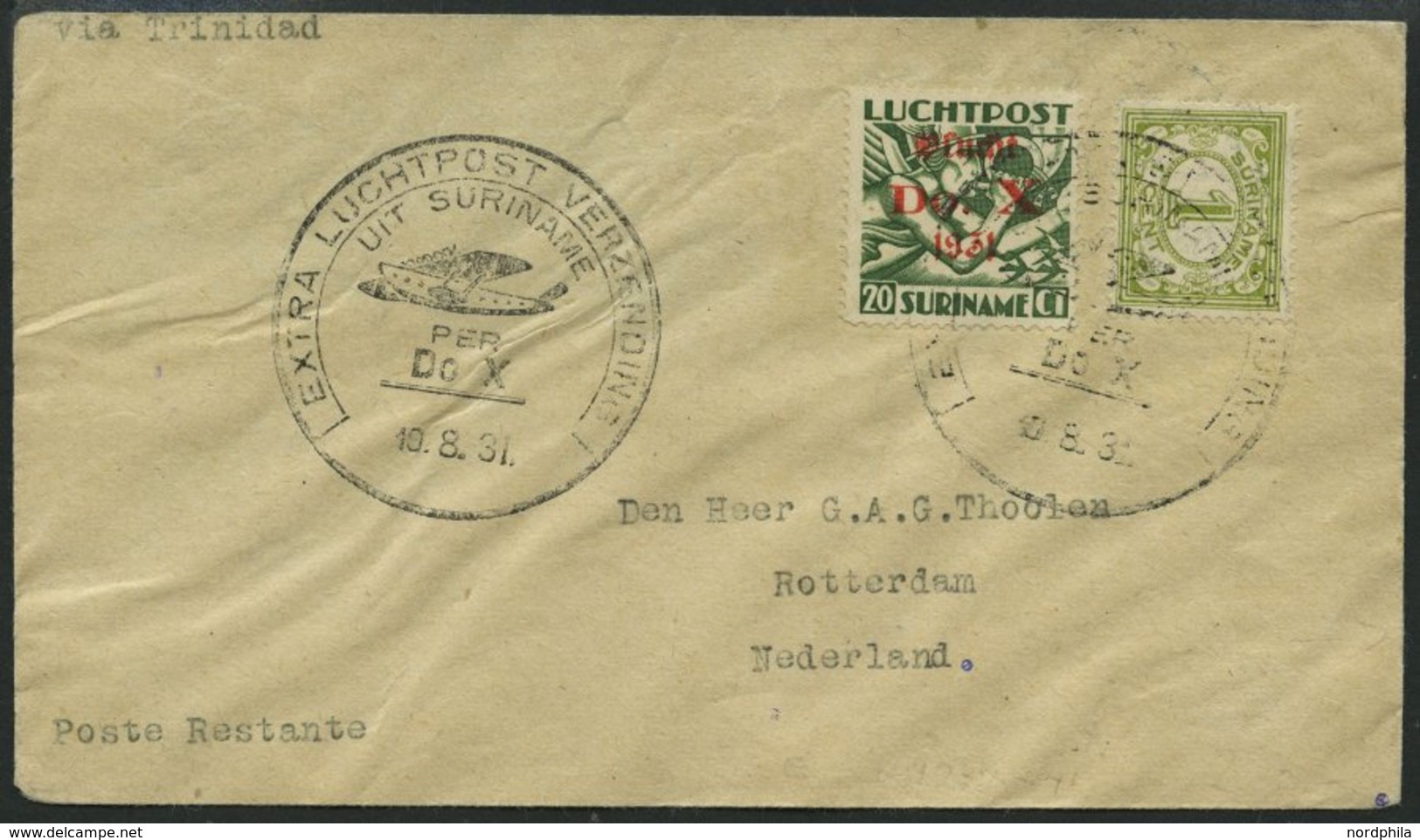 DO-X LUFTPOST 50.SR.h. BRIEF, 10.08.1031, Aufgabe Surinam Mit Sondermarken, Nach Den Niederlanden, Prachtbrief - Storia Postale