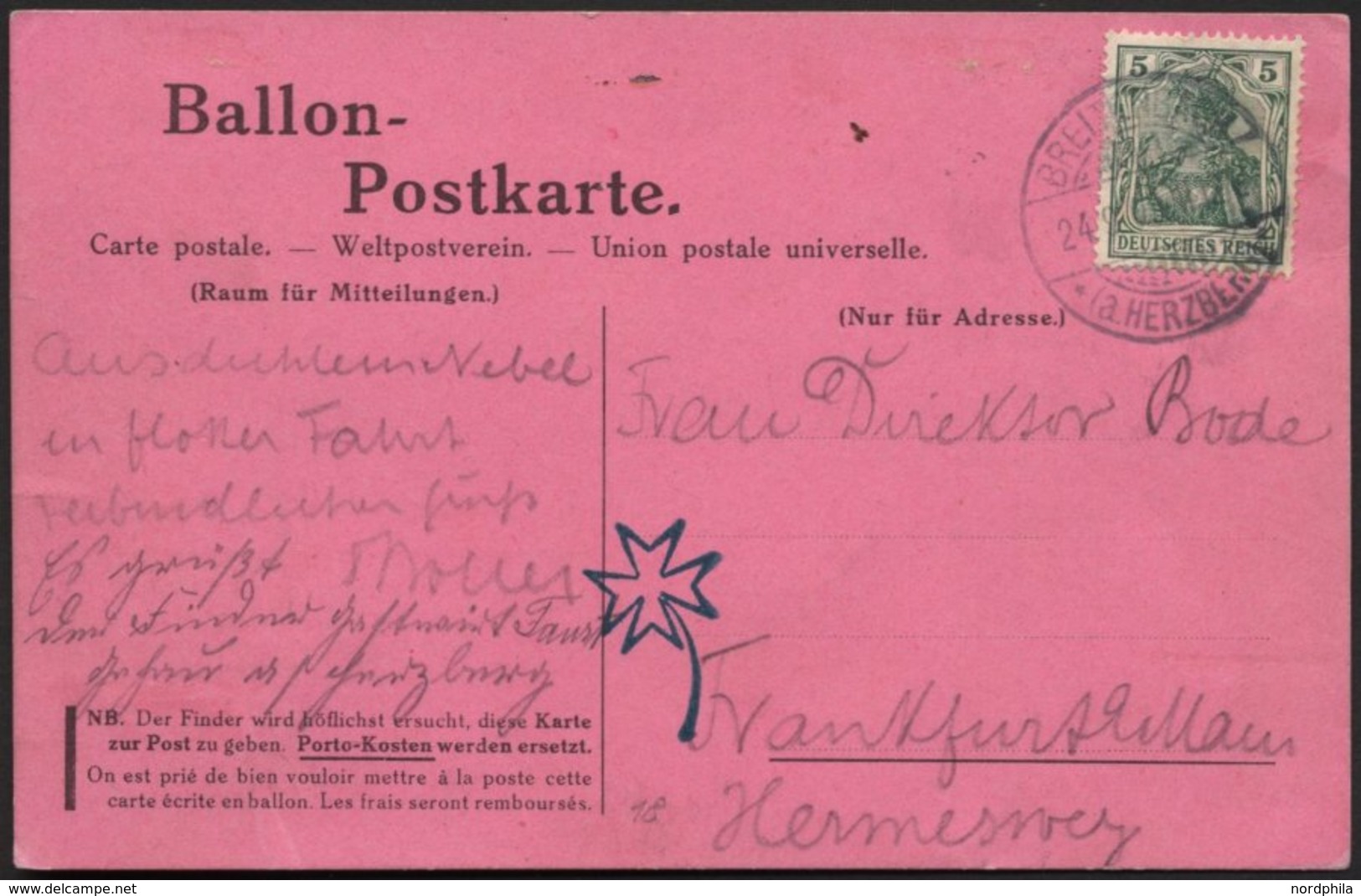 BALLON-FAHRTEN 1897-1916 23.9.1909, Frankfurter Verein Für Luftschiffahrt Frankfurt Am Main, Abwurf Vom Ballon TILLIE Na - Fesselballons