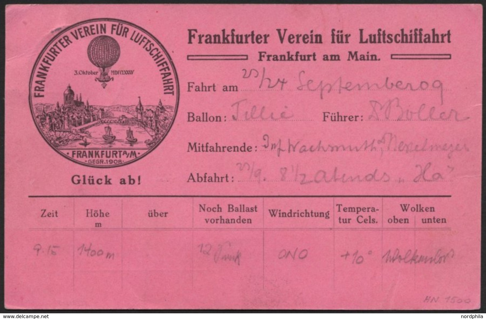 BALLON-FAHRTEN 1897-1916 23.9.1909, Frankfurter Verein Für Luftschiffahrt Frankfurt Am Main, Abwurf Vom Ballon TILLIE Na - Fesselballons