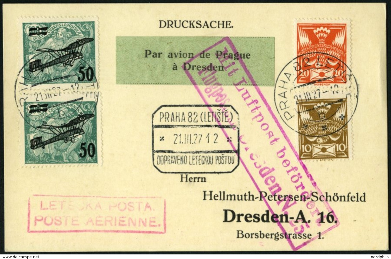 ERST-UND ERÖFFNUNGSFLÜGE 27.1.10 BRIEF, 21.3.1927, Prag-Dresden, Drucksachenkarte, Pracht - Zeppelin