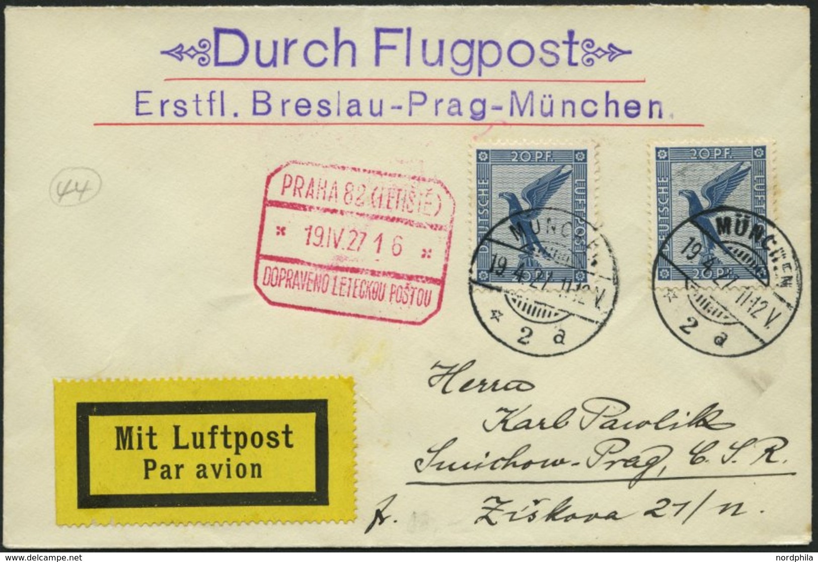 ERST-UND ERÖFFNUNGSFLÜGE 27.5.04 BRIEF, 19.4.1927, München-Prag, Prachtbrief - Zeppelins