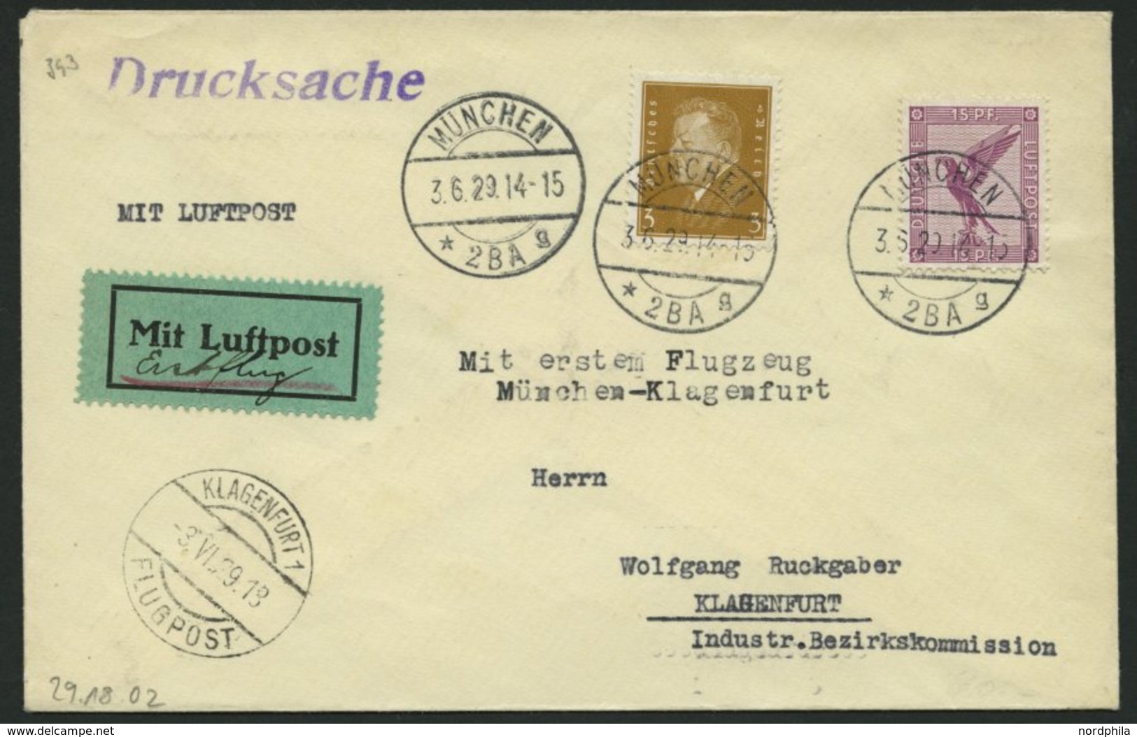 ERST-UND ERÖFFNUNGSFLÜGE 29.18.02 BRIEF, 3.6.1929, München-Klagenfurth, Prachtbrief - Zeppelin