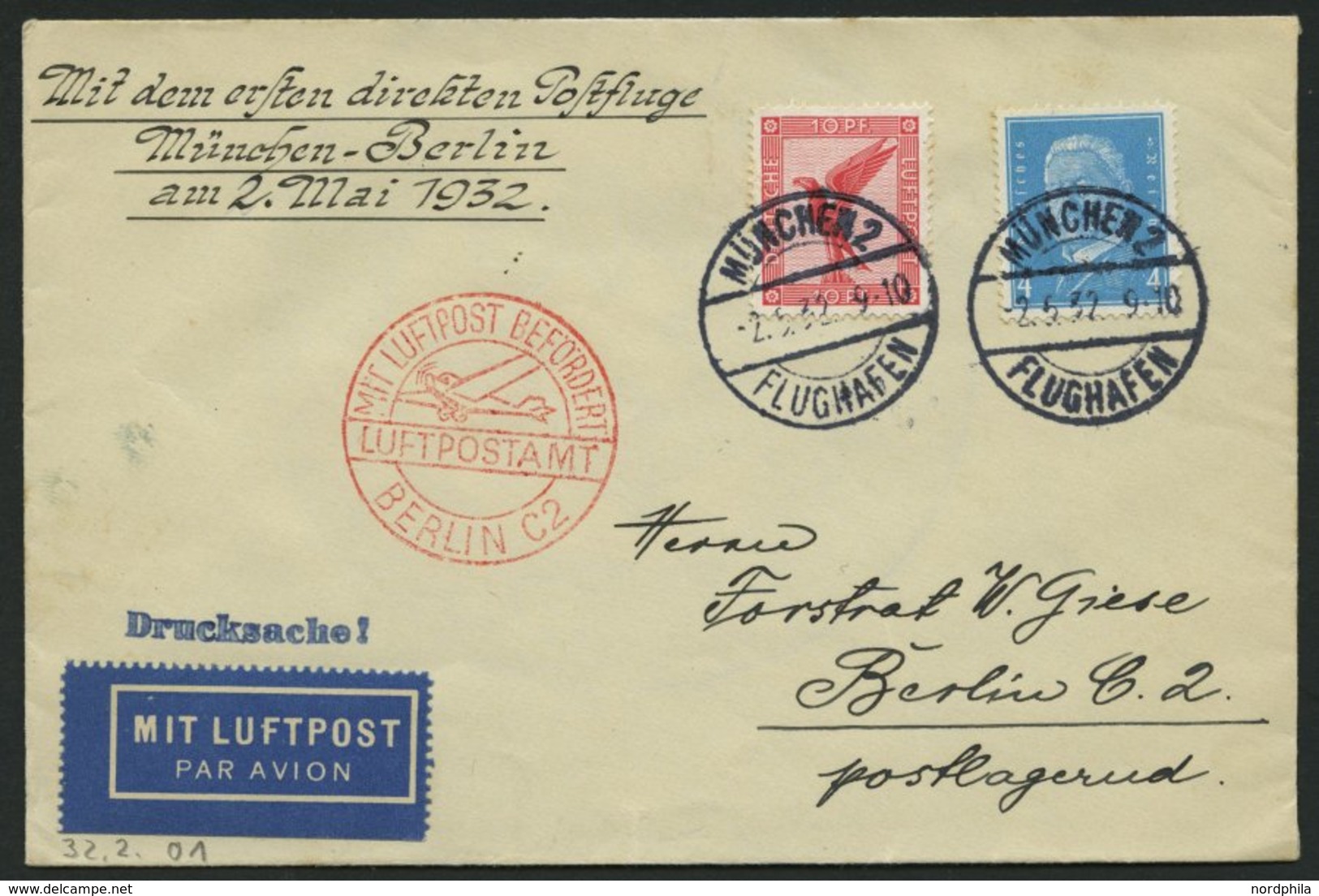 SPÄTERE FLÜGE (SPF) 2.5.1932, München-Berlin, Prachtbrief - Flugzeuge