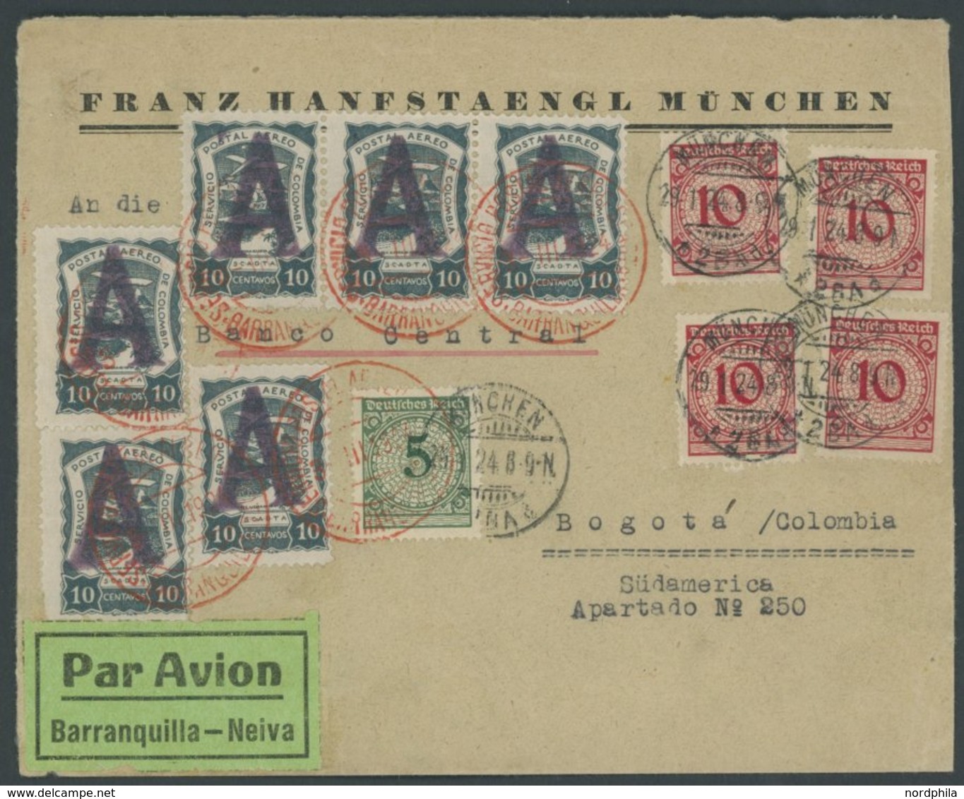 SONDERFLÜGE, FLUGVERANST. 1924, Luftpostbrief An Die Banco Central In Bogota/Columbia Mit 6x 10 C. SCADTA-Handstempelmar - Luft- Und Zeppelinpost