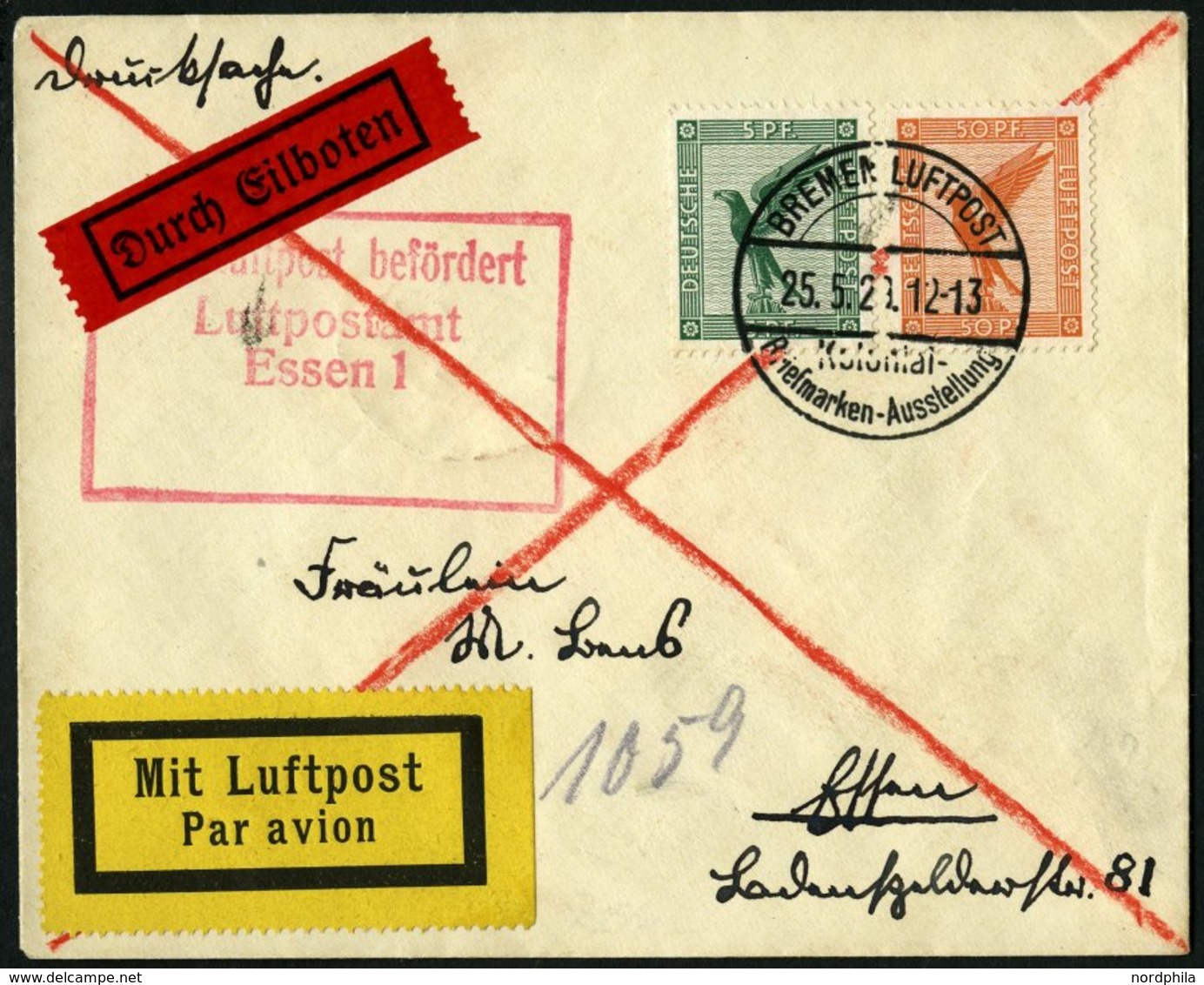 LUFTPOSTBESTÄTIGUNGSSTPL 33-02 BRIEF, Essen, 25.5.29, R3 Auf Eilbrief Aus Bremen, Pracht - Aviones