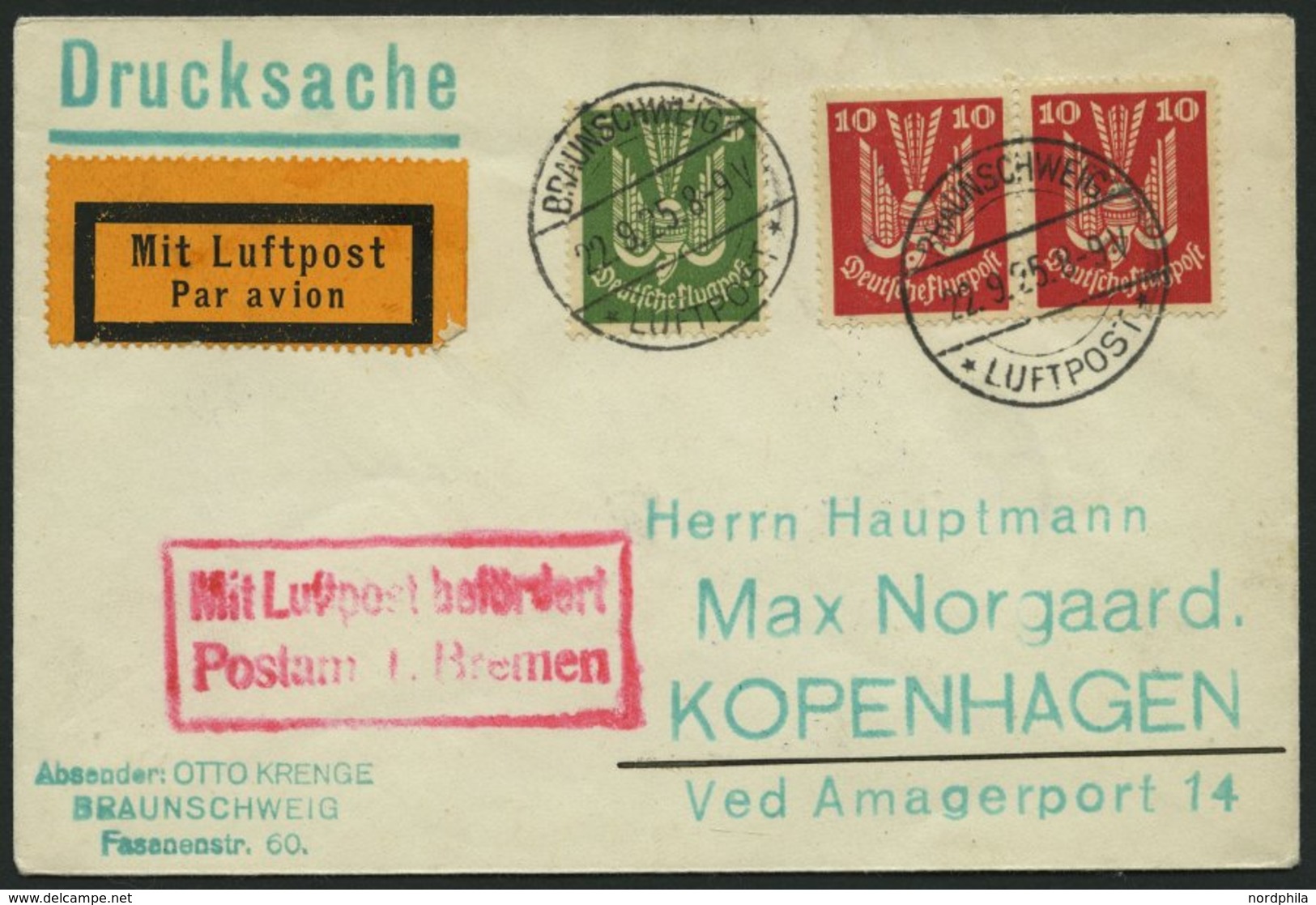 LUFTPOSTBESTÄTIGUNGSSTPL 13-01a BRIEF, BREMEN, R2 In Rot, Drucksache Von BRAUNSCHWEIG Nach Kopenhagen, Prachtbrief - Posta Aerea & Zeppelin