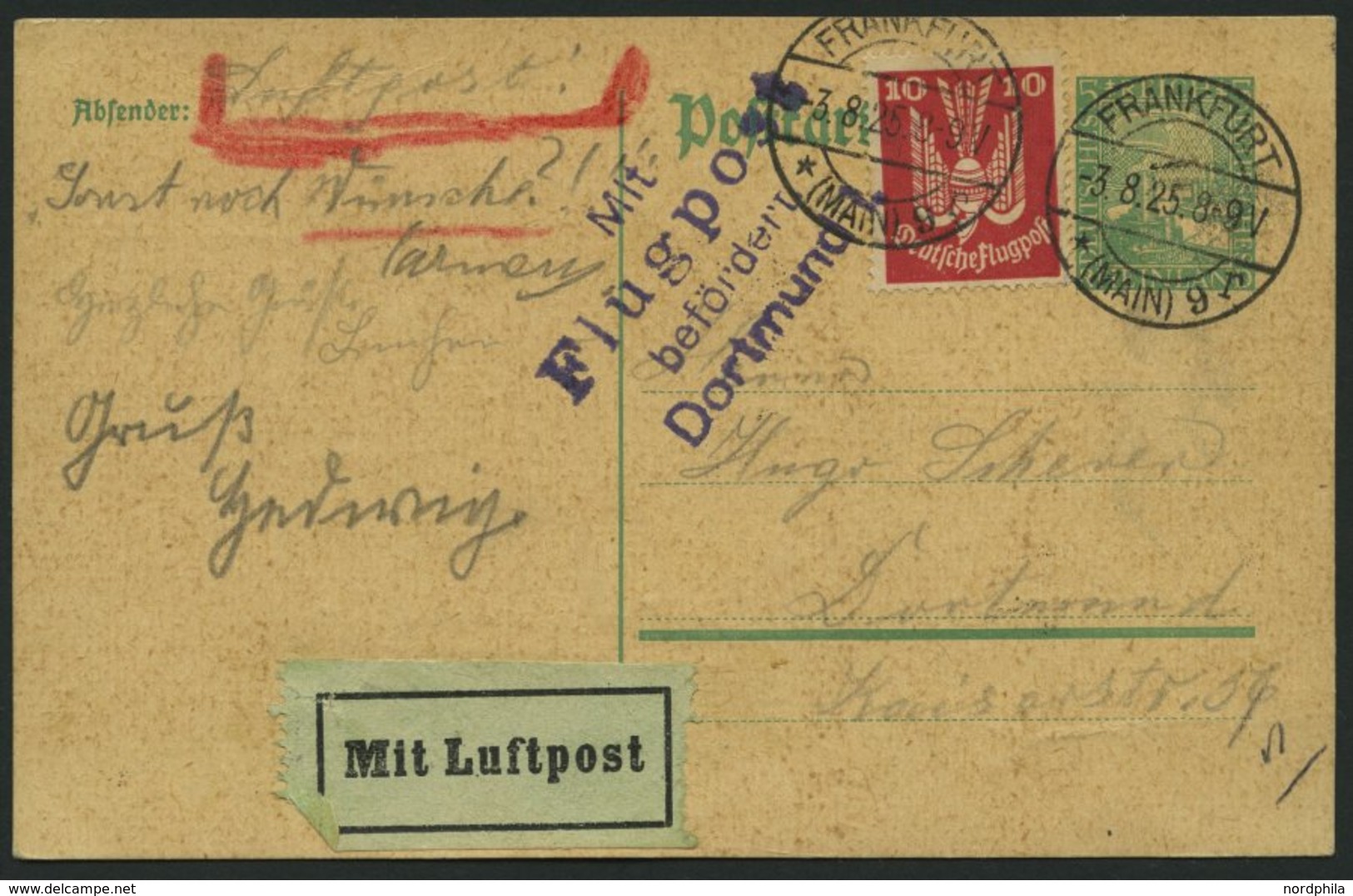 LUFTPOSTBESTÄTIGUNGSSTPL 26-01b BRIEF, DORTMUND, Flugpost, In Violett, Postkarte Von DARMSTADT Nach Dortmund, Pracht - Poste Aérienne & Zeppelin