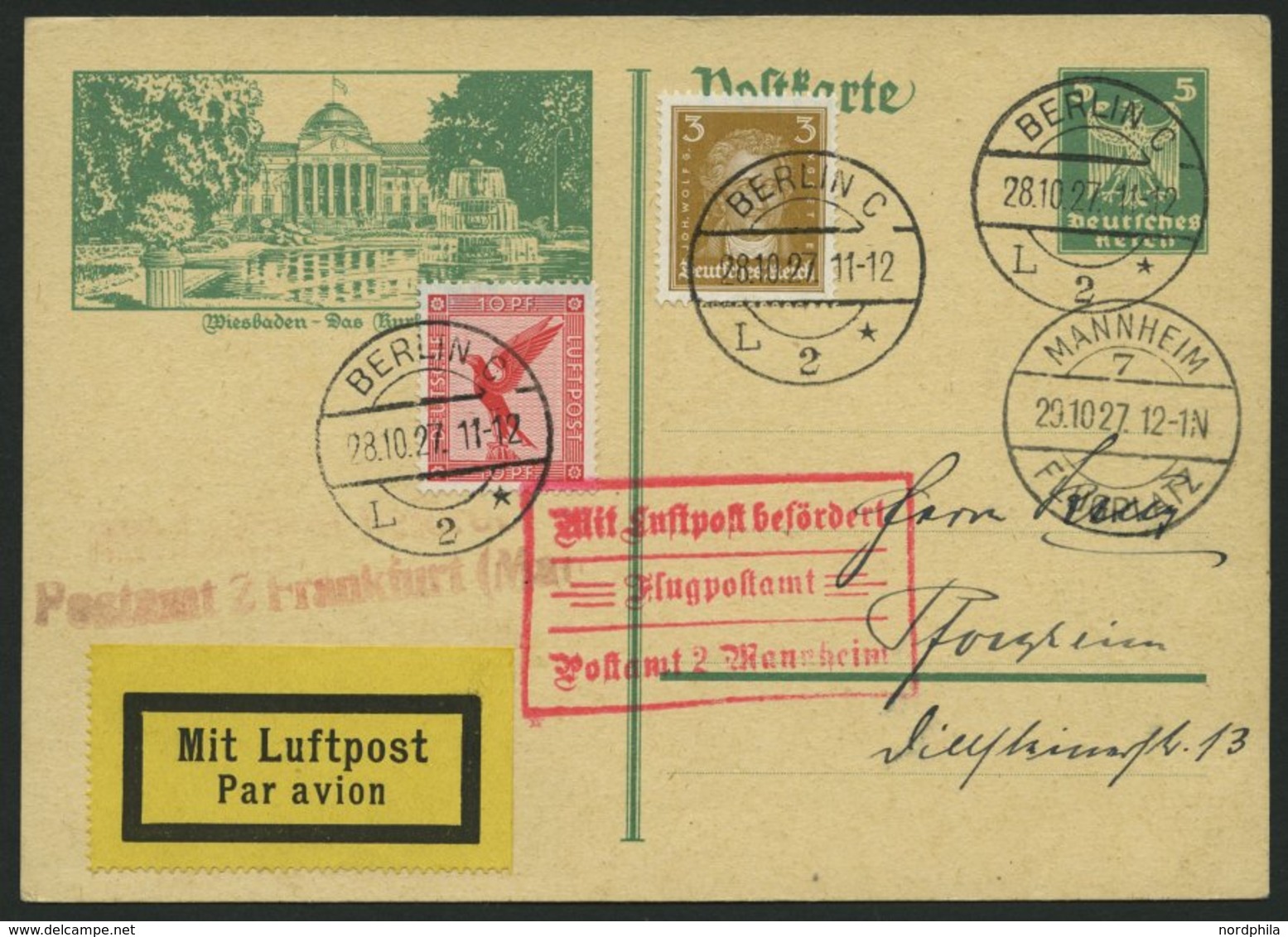 LUFTPOSTBESTÄTIGUNGSSTPL 72-01-a BRIEF, MANNHEIM In Rot, Ansichtskarte Von BERLIN Nach Mannheim, Pracht - Luft- Und Zeppelinpost