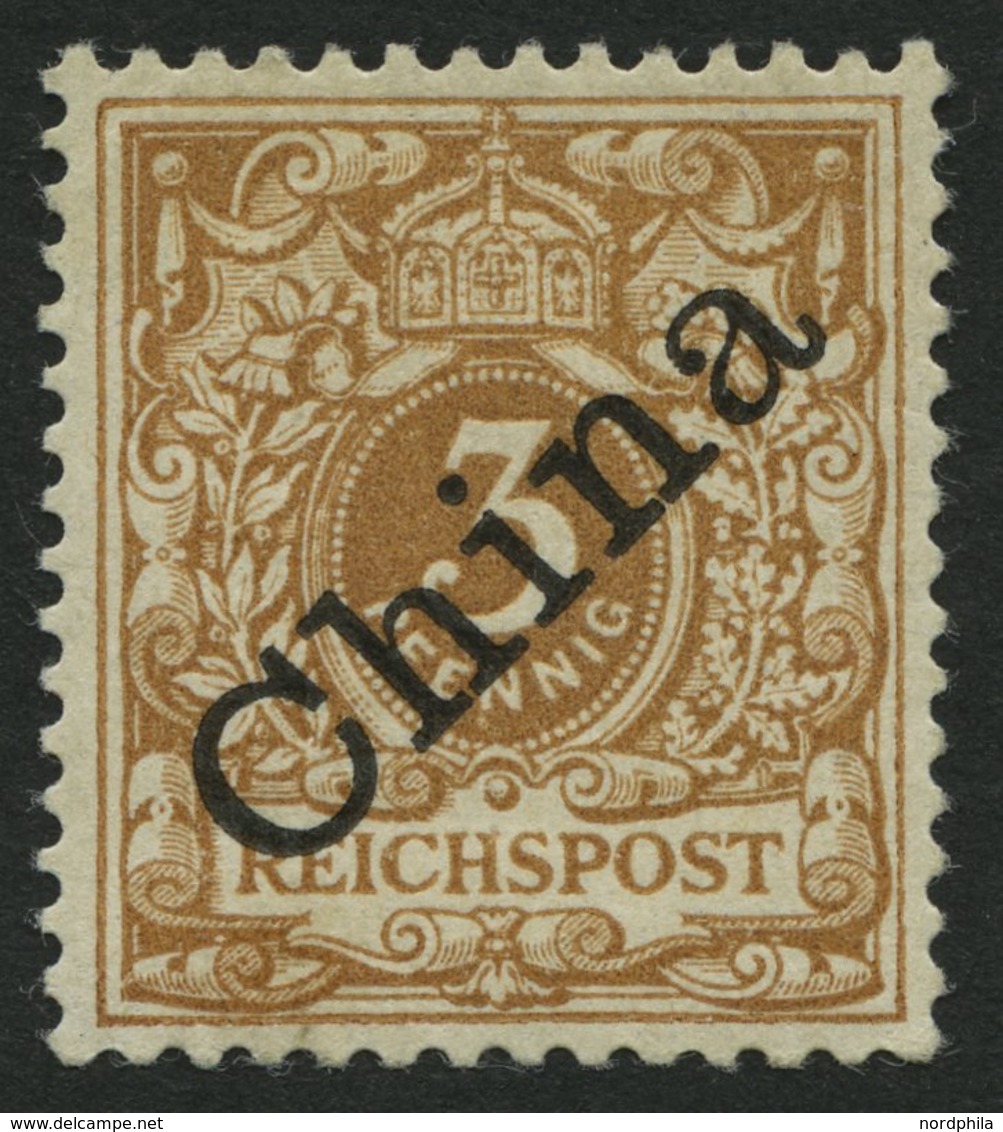 DP CHINA 1Id *, 1898, 3 Pf. Hellocker Diagonaler Aufdruck, Falzrest, Pracht, R!, Fotoattest Jäschke-L., Mi. 800.- - Chine (bureaux)