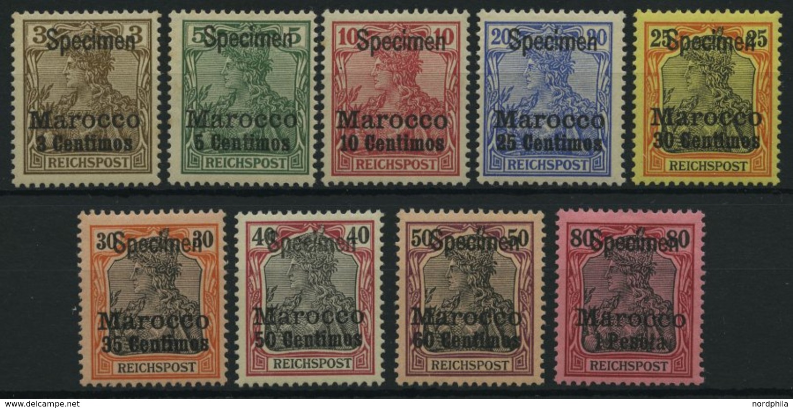 DP IN MAROKKO 7-15SP *, 1900, 3 C. Auf 3 Pf. - 1 P. Auf 80 Pf. Reichspost Mit Aufdruck Specimen, Falzrest, 9 Prachtwerte - Deutsche Post In Marokko