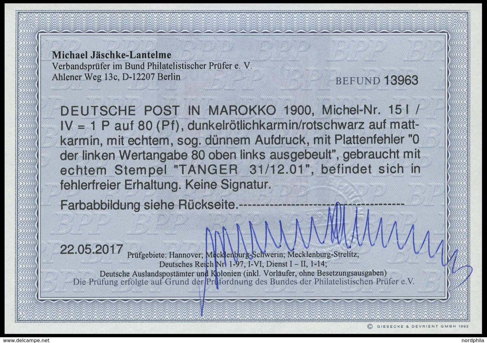 DP IN MAROKKO 15PFIV O, 1900, 1 P. Auf 80 Pf. Mit Plattenfehler O Der Linken 80 Oben Links Ausgebeult, Pracht, Fotoattes - Deutsche Post In Marokko