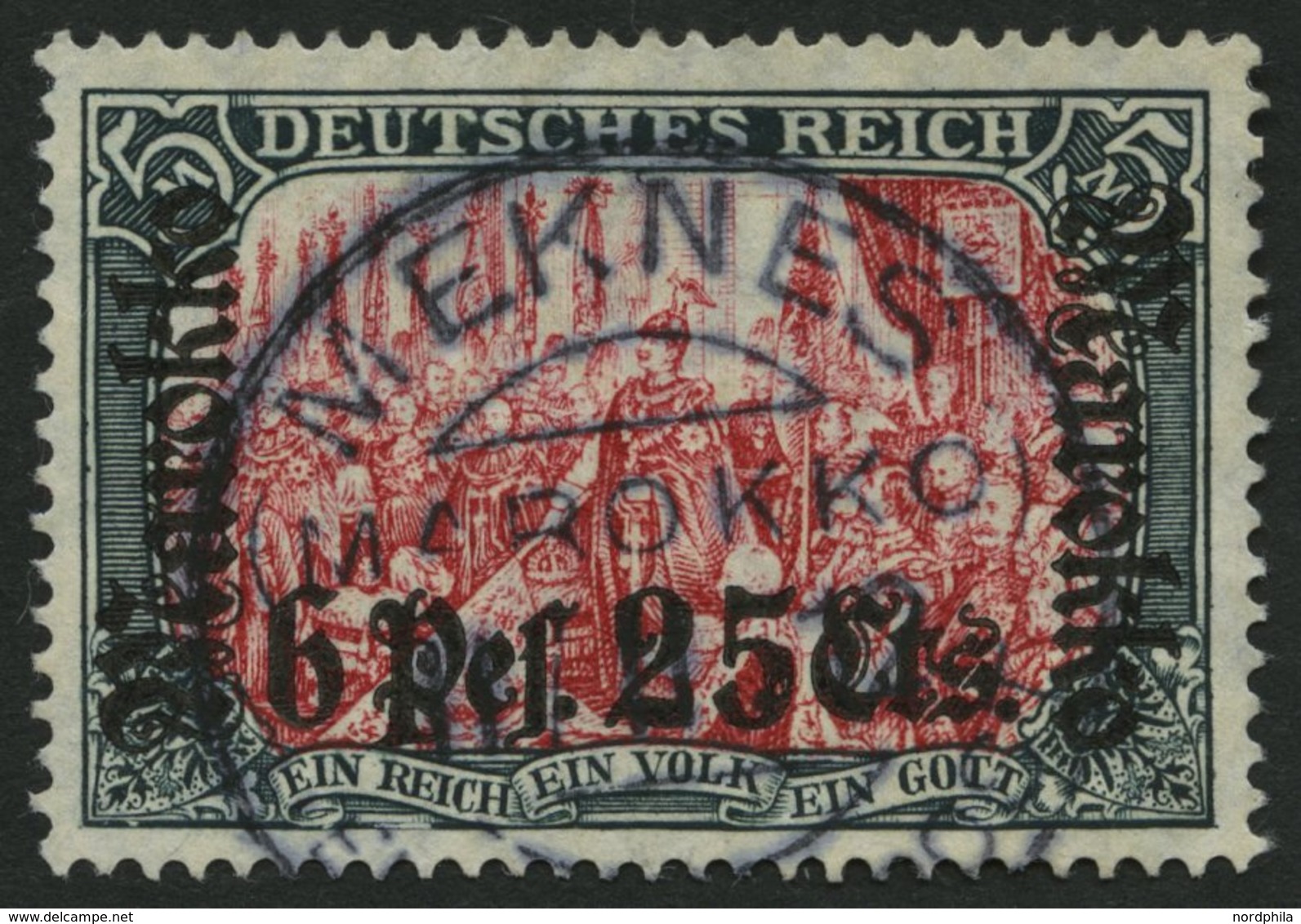 DP IN MAROKKO 58IAa O, 1911, 6 P. 25 C. Auf 5 M., Friedensdruck, Stempel MEKNES, Pracht, Gepr. Pauligk, Mi. (420.-) - Deutsche Post In Marokko