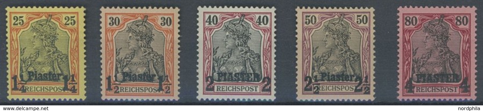 DP TÜRKEI I-V **, 1902, Nicht Ausgegeben: 11/4 Pia. Auf 25 Pf. - 4 PIA Auf 80 Pf., Postfrisch, 5 Prachtwerte, Mi. 3750.- - Turkey (offices)