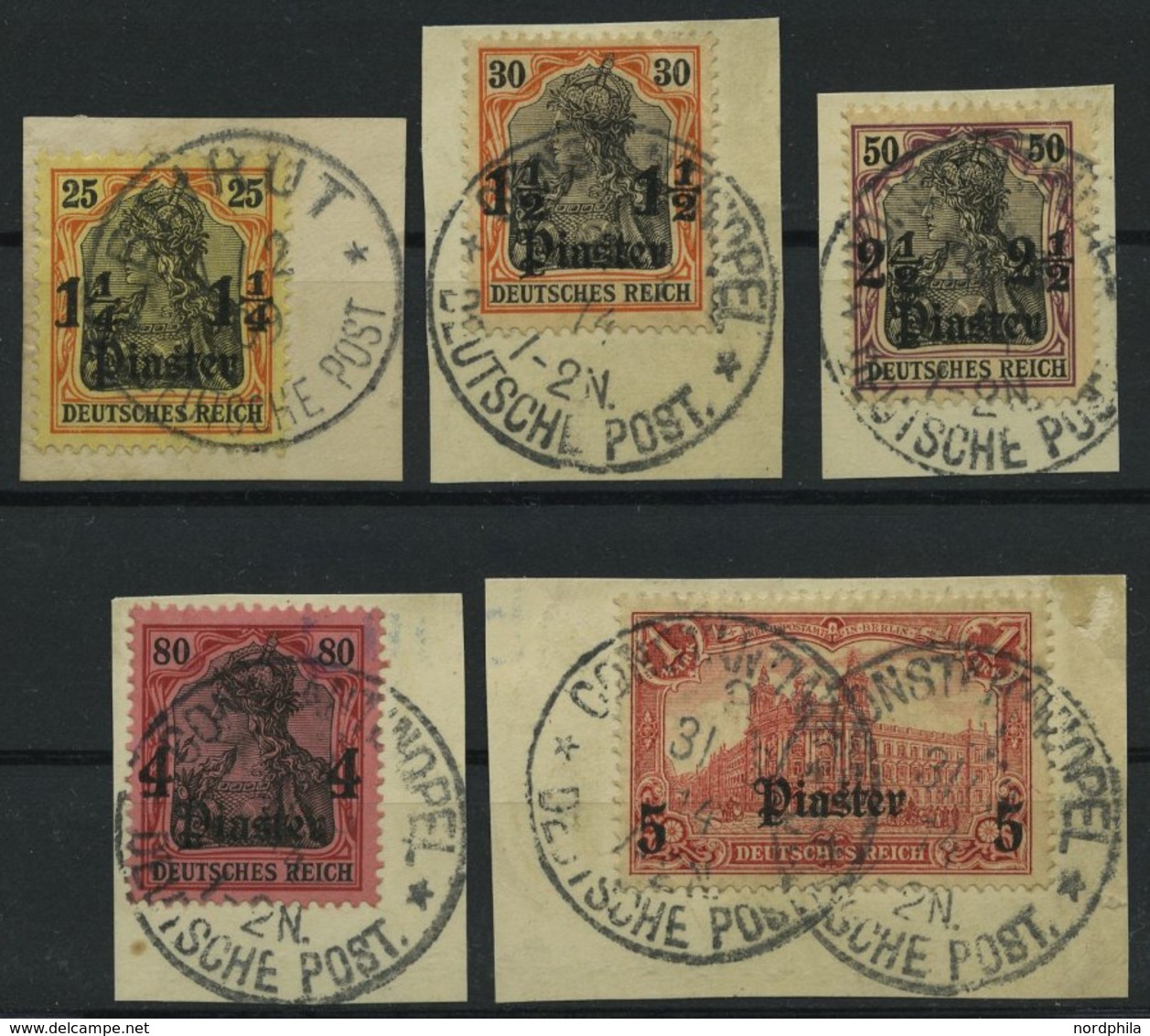 DP TÜRKEI 39/40,42-44 BrfStk, 1905-07, 11/4 Pia., 11/2 Pia. Und 21/2 - 10 Pia., Mit Wz., 5 Prachtbriefstücke - Turkey (offices)