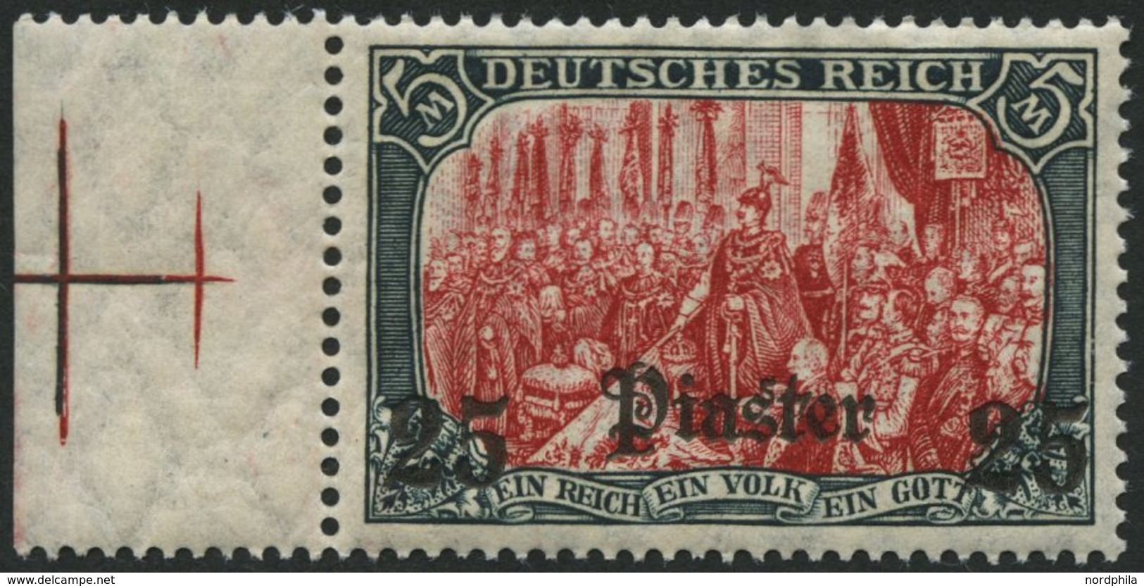 DP TÜRKEI 47b **, 1908, 25 Pia. Auf 5 M., Mit Wz., Karmin Quarzend, Postfrisch, Pracht, Mi. 100.- - Turquie (bureaux)