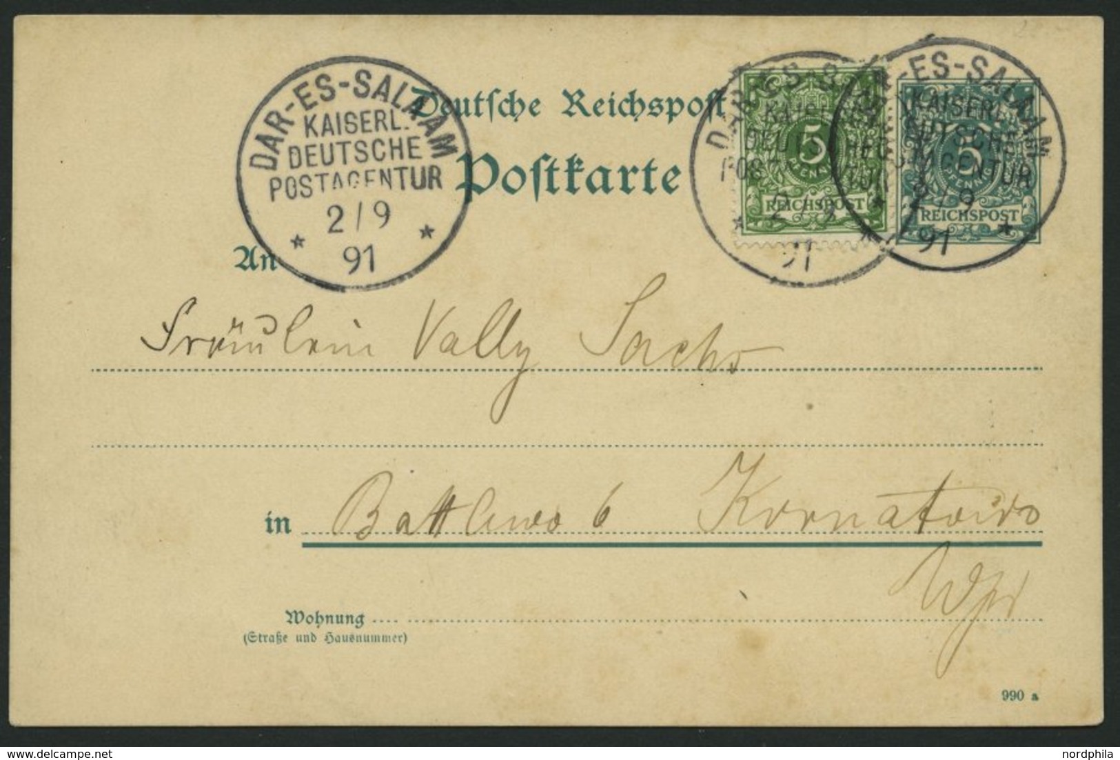 DEUTSCH-OSTAFRIKA VO 46b,VP BRIEF, 1891, 5 Pf. Gelblichgrün Als Zusatzfrankatur Auf 5 Pf. Ganzsachenkarte Mit Stempel DA - Deutsch-Ostafrika