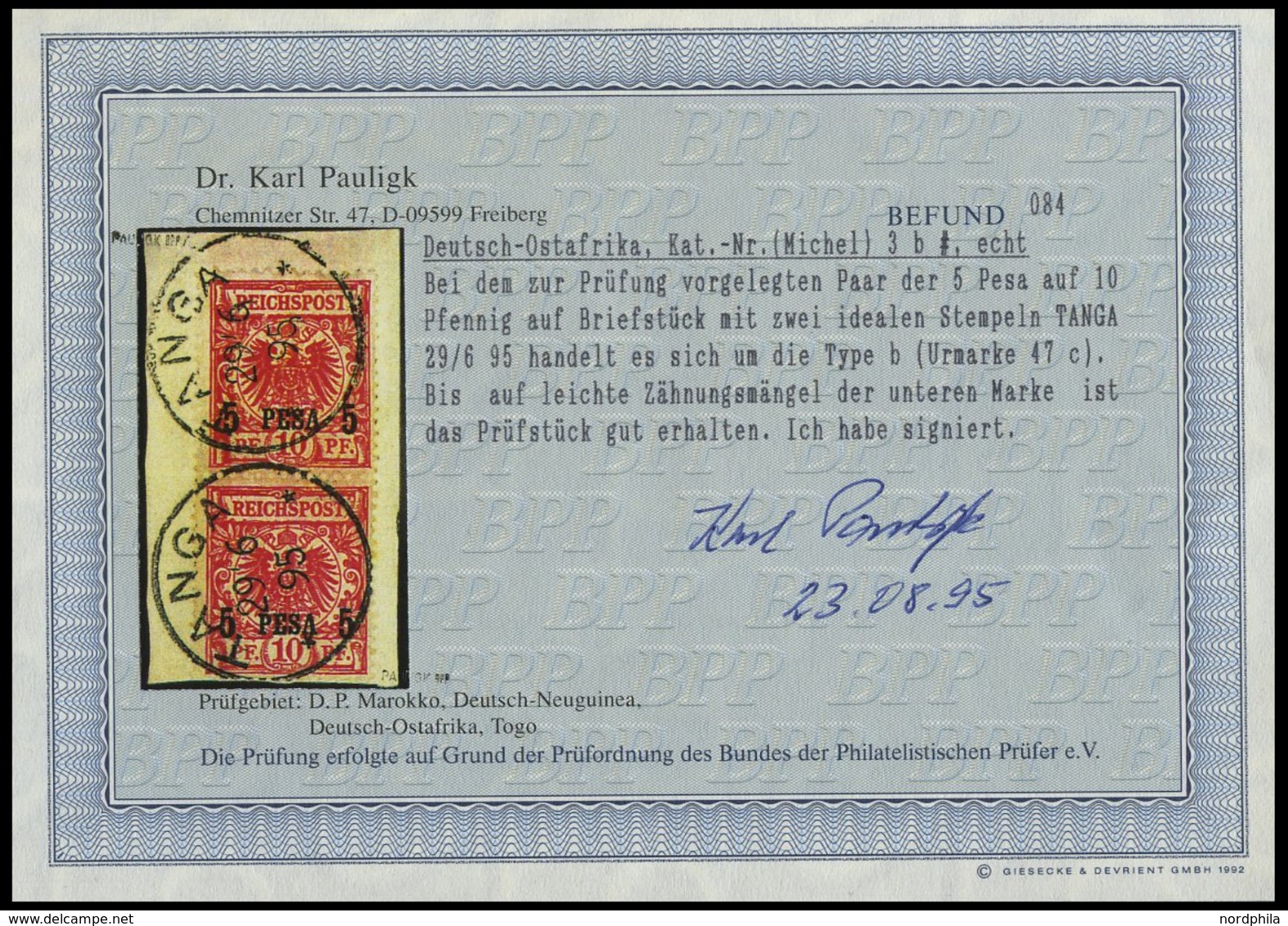 DEUTSCH-OSTAFRIKA 3b Paar BrfStk, 1895, 5 P. Auf 10 Pf. Mittelrot Im Senkrechten Paar Auf Briefstück, Stempel TANGA, Unt - Africa Orientale Tedesca