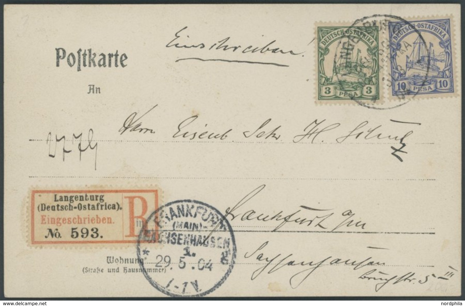 DEUTSCH-OSTAFRIKA 12,14 BRIEF, 1904, 3 Pf. Grün Und 10 Pf. Violettultramarin Auf Einschreibkarte Aus LANGENBURG, Pracht - Afrique Orientale