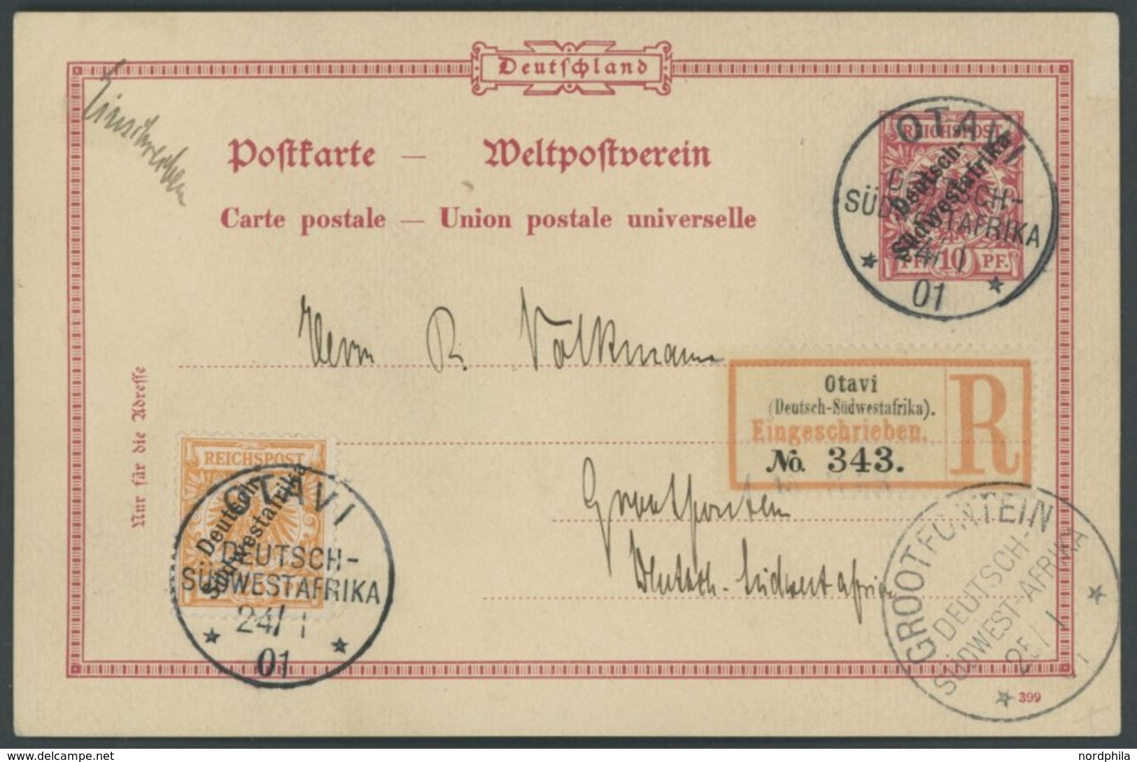 DSWA 9a BRIEF, 1901, 25 Pf. Gelborange Als Zusatzfrankatur Auf P 2, Einschreibkarte Von OTAVI Nach Grootfontein, Pracht  - Deutsch-Südwestafrika