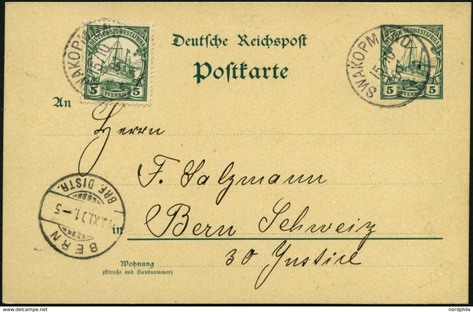 DSWA P 13 BRIEF, 1900, 5 Pf. Grün Von SWAKOPMUND Nach Bern, Pracht - Deutsch-Südwestafrika