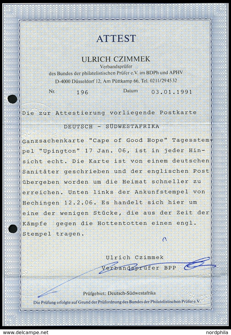 DSWA UPINGTON, 17.1.06., Auf Ganzsachenkarte Kap Der Guten Hoffnung Mit Zusatzfrankatur 1 D., Von Sergt. Maier Aus Ukama - Deutsch-Südwestafrika