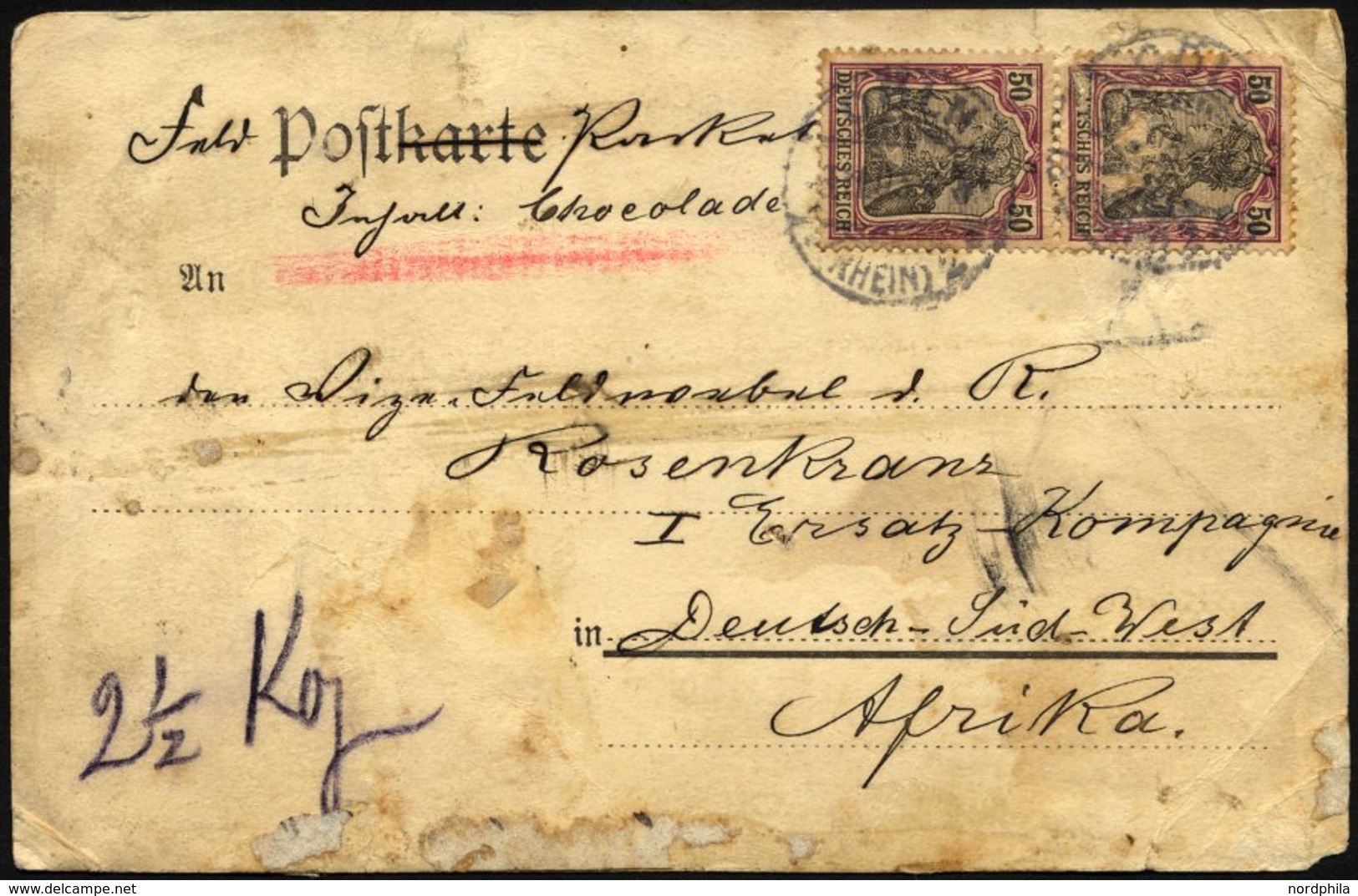 DSWA DR 76 Paar BRIEF, 1905, 50 Pf, Germania Im Senkrechten Paar (obere Marke Beschädigt) Auf Paketadresse Nach Deutsch- - Deutsch-Südwestafrika