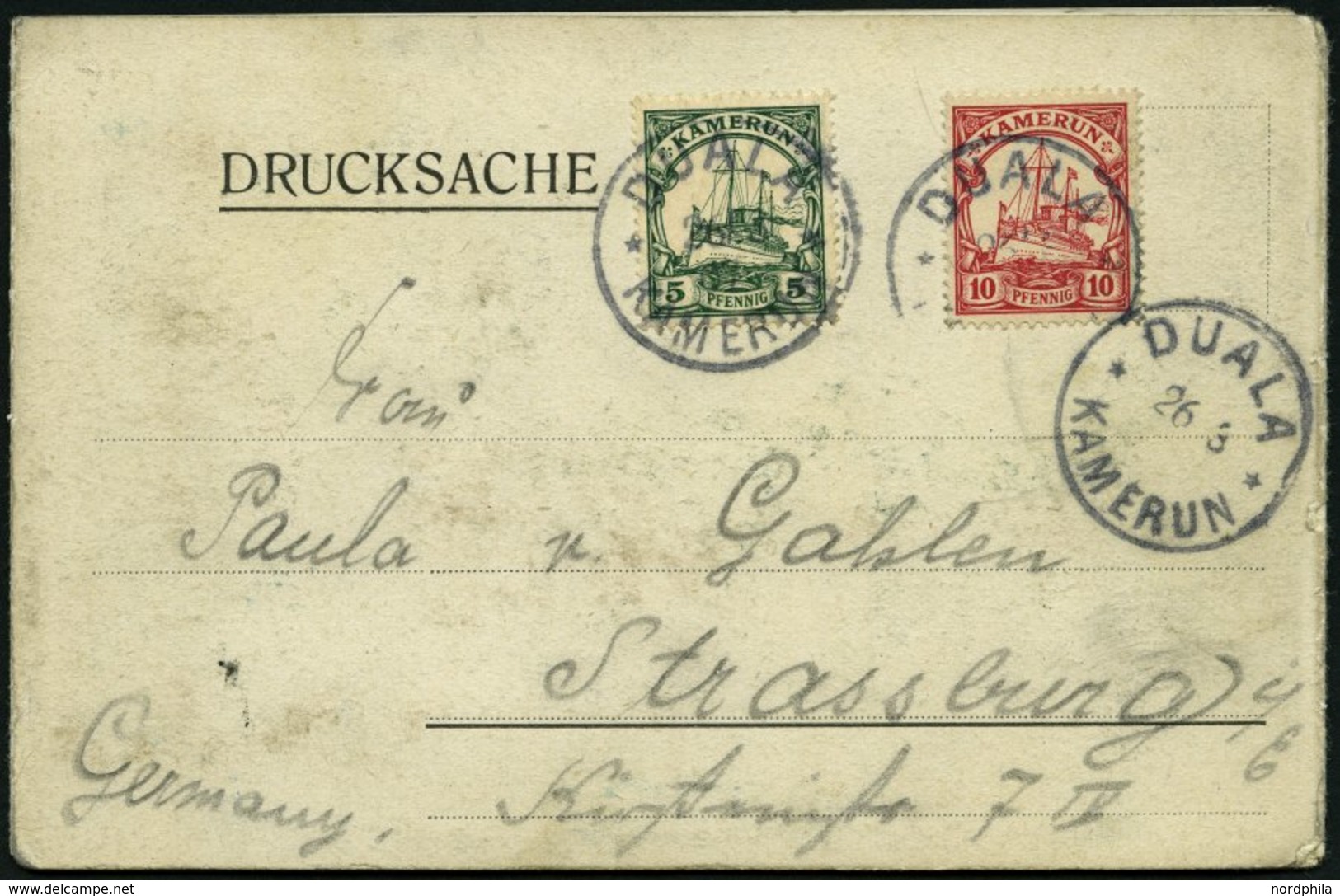 KAMERUN 9,21I BRIEF, 1907, 10 Pf. Dunkelkarminrot, Ohne Wz. Und 5 Pf. Grün, Mit Wz., Auf Leporello (Gruß Aus Kribi) Nach - Kamerun