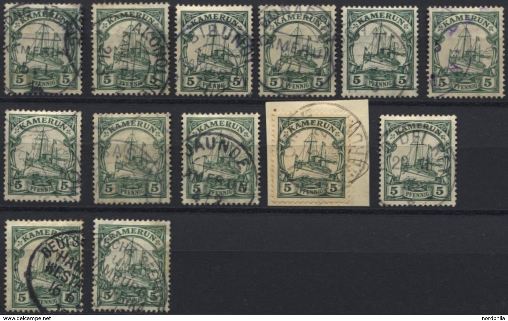 KAMERUN 21I O, 1905, 5 Pf. Grün, Mit Wz., 12 Werte Mit Verschiedenen Mittleren Abstempelungen, Feinst/Pracht - Cameroun