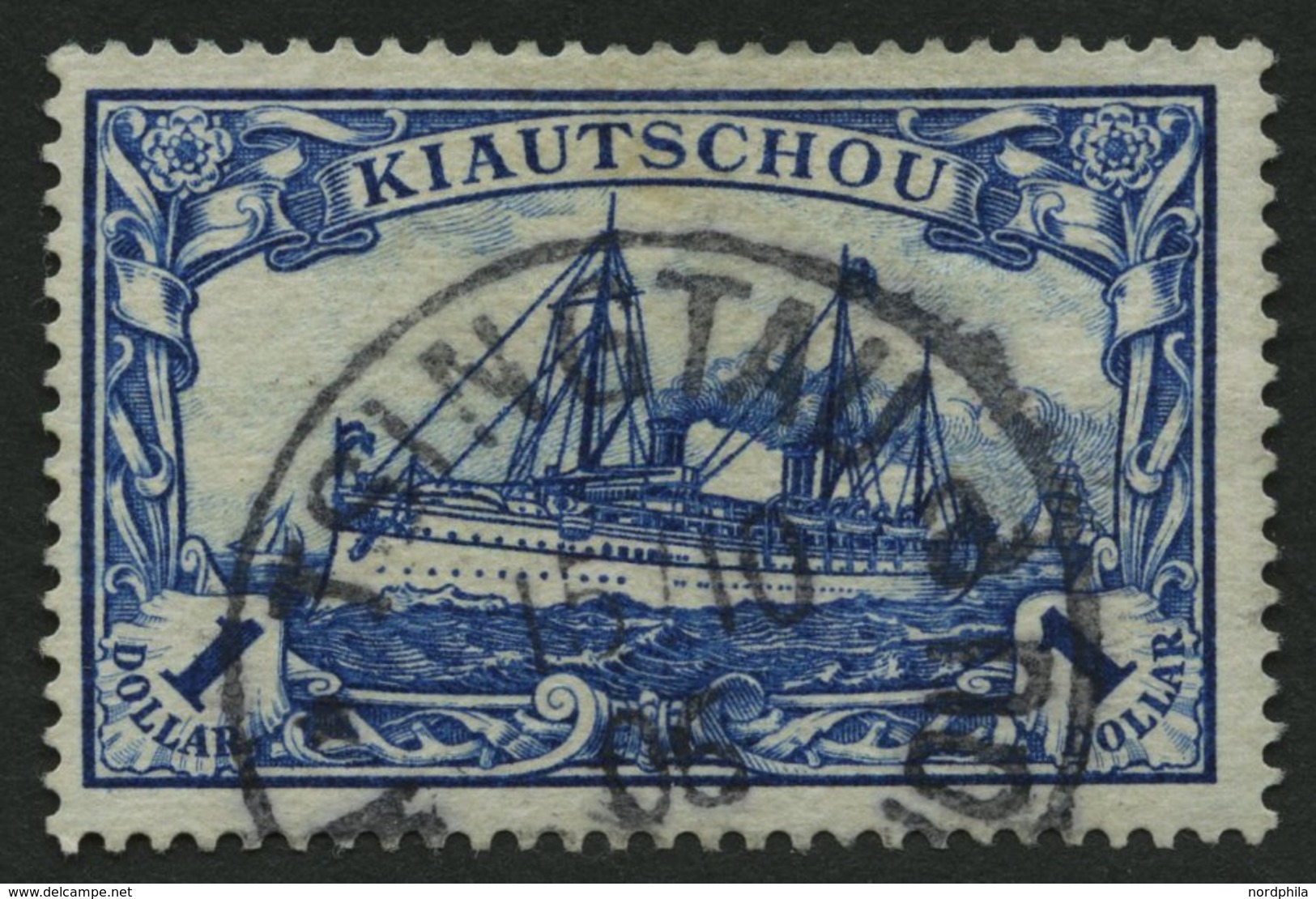 KIAUTSCHOU 25A O, 1905, 1 $ Schwärzlichblau, Ohne Wz., Gezähnt A, Pracht, Gepr. Bühler, Mi. 150.- - Kiauchau