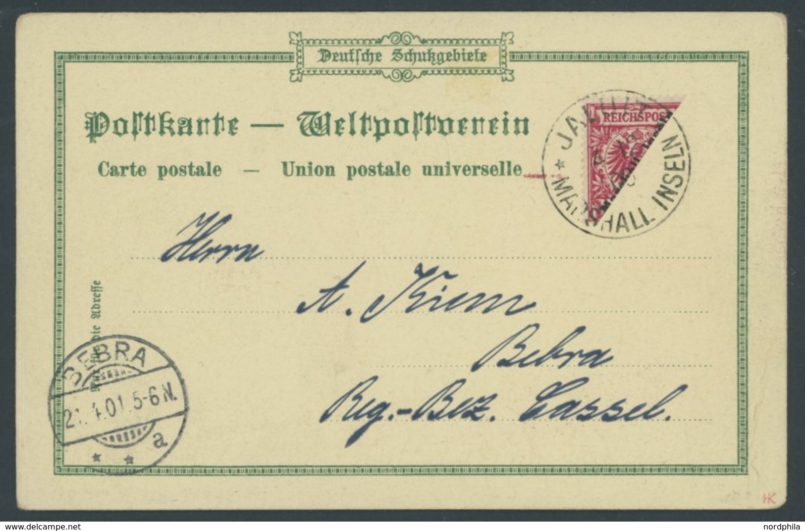MARSHALL-INSELN 9H BRIEF, 1900, 10 Pf. Karmin, Diagonal Halbiert Auf Ansichtskarte Nach Bebra, Pracht, Fotoattest Jäschk - Isole Marshall