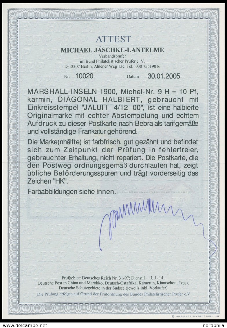 MARSHALL-INSELN 9H BRIEF, 1900, 10 Pf. Karmin, Diagonal Halbiert Auf Ansichtskarte Nach Bebra, Pracht, Fotoattest Jäschk - Isole Marshall