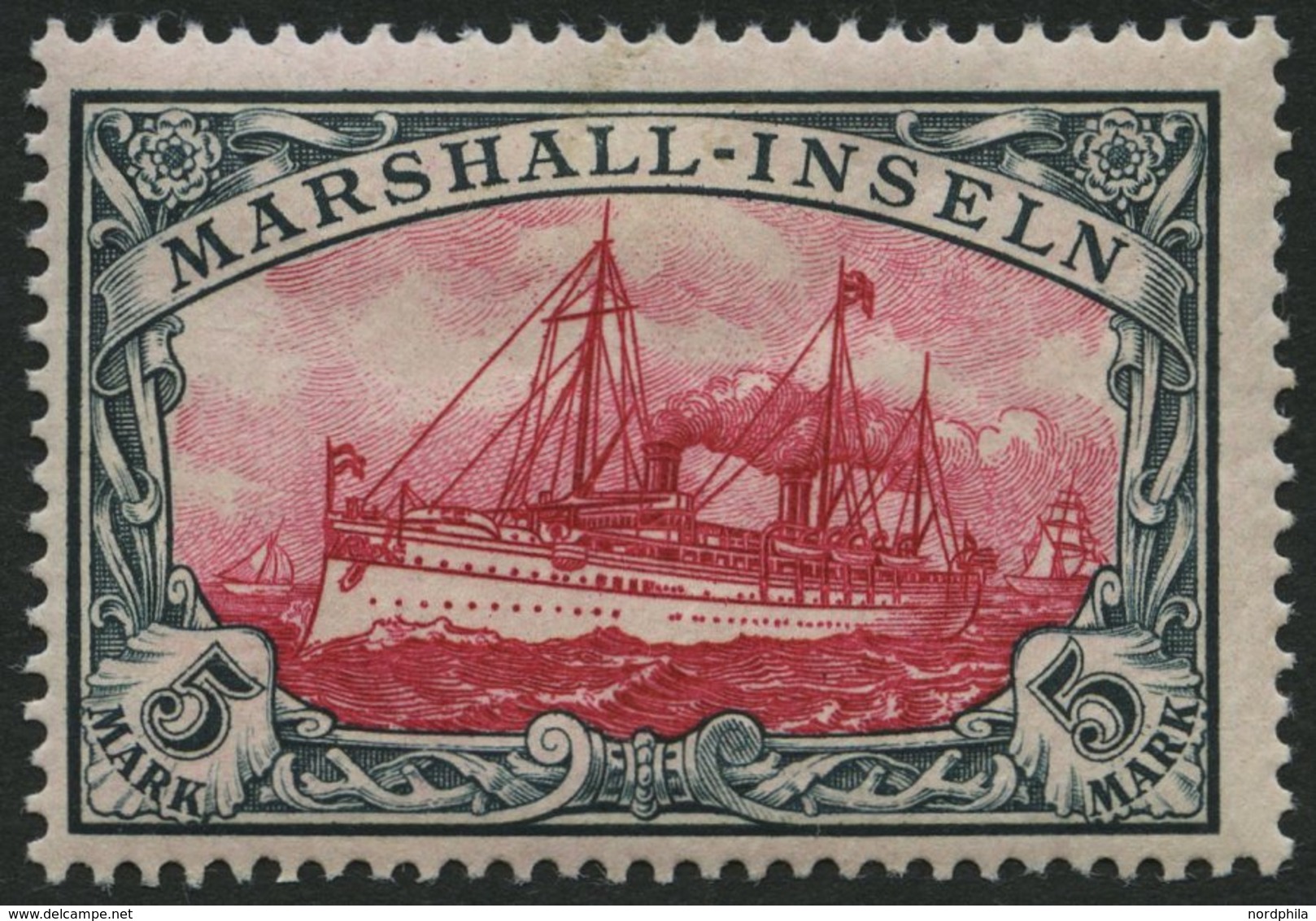 MARSHALL-INSELN 25 *, 1901, 5 M. Grünschwarz/dunkelkarmin, Ohne Wz., Falzreste, Pracht, Signiert, Mi. 170.- - Marshall