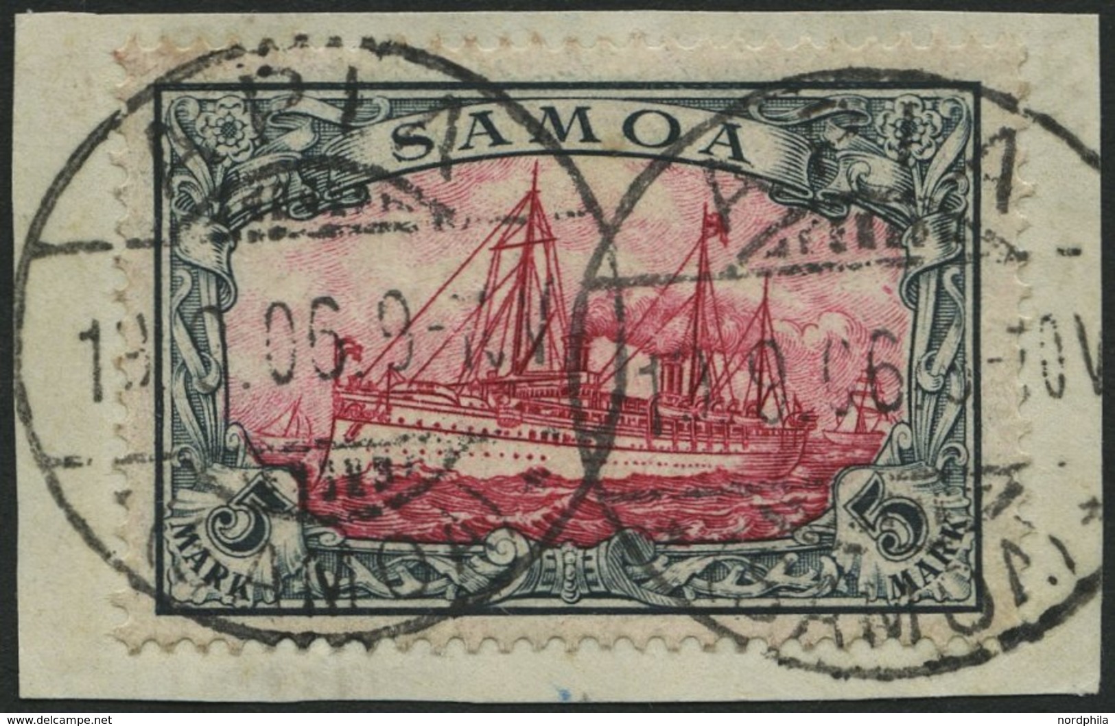 SAMOA 19 BrfStk, 1901, 5 M. Grünschwarz/bräunlichkarmin, Ohne Wz., Prachtbriefstück, Signiert Köhler, Mi. (600.-) - Samoa