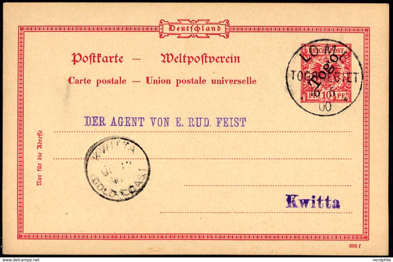 TOGO P 2 BRIEF, 1898, 10 Pf. Karmin, Rückseitig Unbeschriftet, Mit Ankunftsstempel KWITTA-GOLD COAST, Pracht, Mi. 70.- - Togo