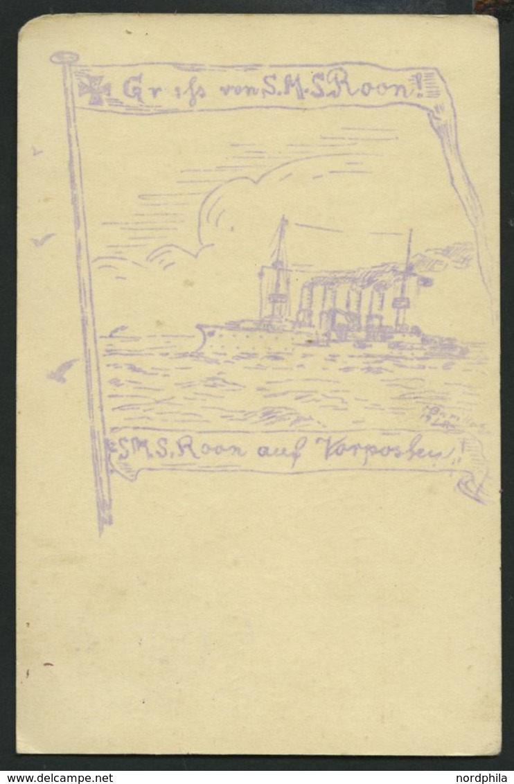 MSP VON 1914 - 1918 (Großer Kreuzer ROON), Violetter Briefstempel, Feldpostkarte Von Bord Der Roon, Pracht - Marittimi