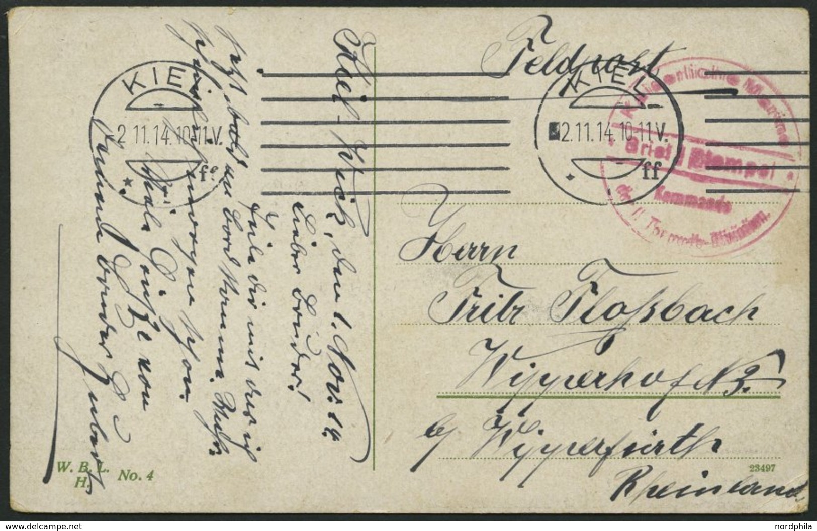 MSP VON 1914 - 1918 (Torpedoboot: S 33), 2.11.1914, Roter Briefstempel, Feldpost-Ansichtskarte (Hochseetorpedoboot Bei S - Maritime