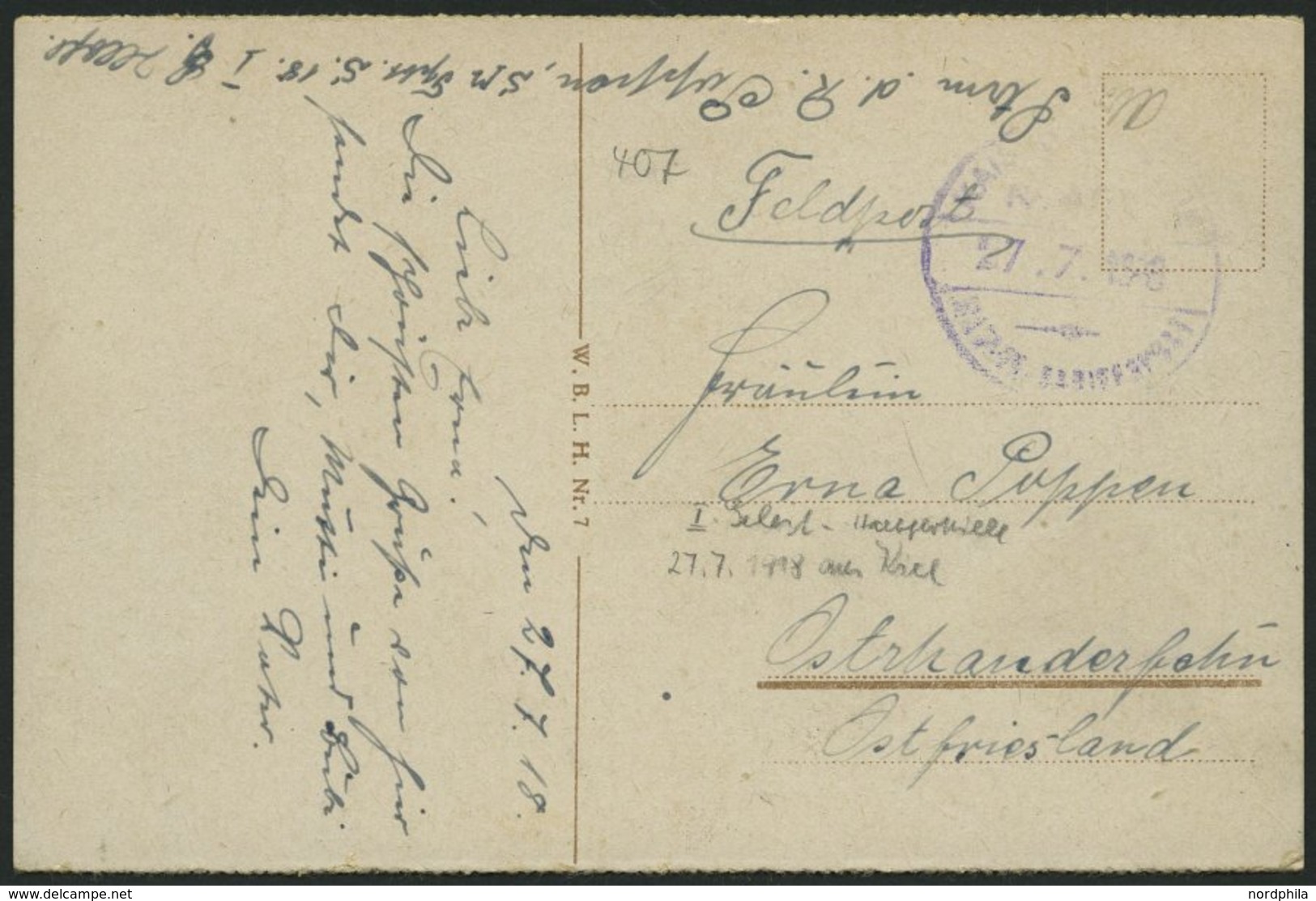 MSP VON 1914 - 1918 (12. Torpedoboots-Halbflottille), 27.7.1918, Violetter Briefstempel, Feldpost-Ansichtskarte Von Bord - Schiffahrt