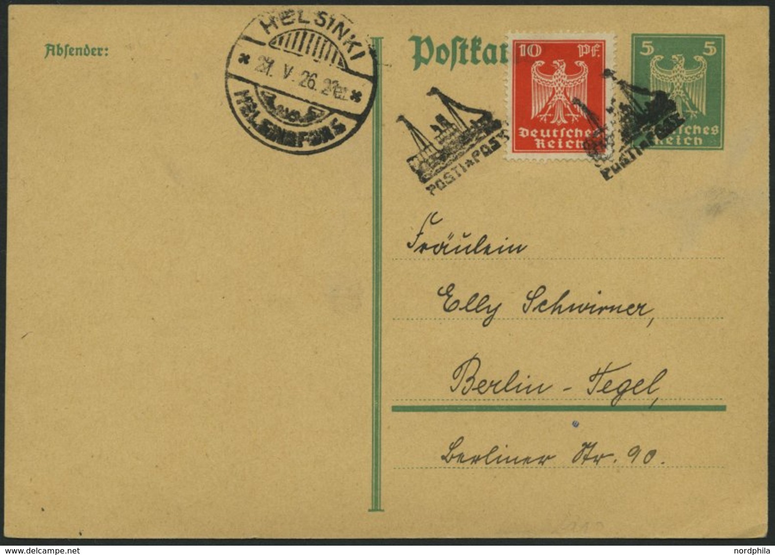 DEUTSCHE SCHIFFSPOST DR 357,P 156 BRIEF, 1926, Schiffspostkarte Nach Berlin Von Der Überfahrt STETTIN-HELSINKI Mit Schif - Maritime