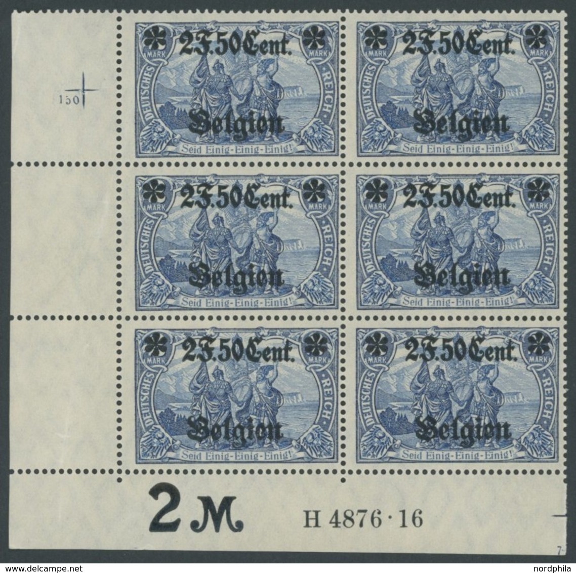 LANDESPOST IN BELGIEN 24IIA **, 1916, 2 F. 50 C. Auf 2 M., Type II, Gezähnt A, Im Sechserblock Aus Der Linken Unteren Bo - Besetzungen 1914-18