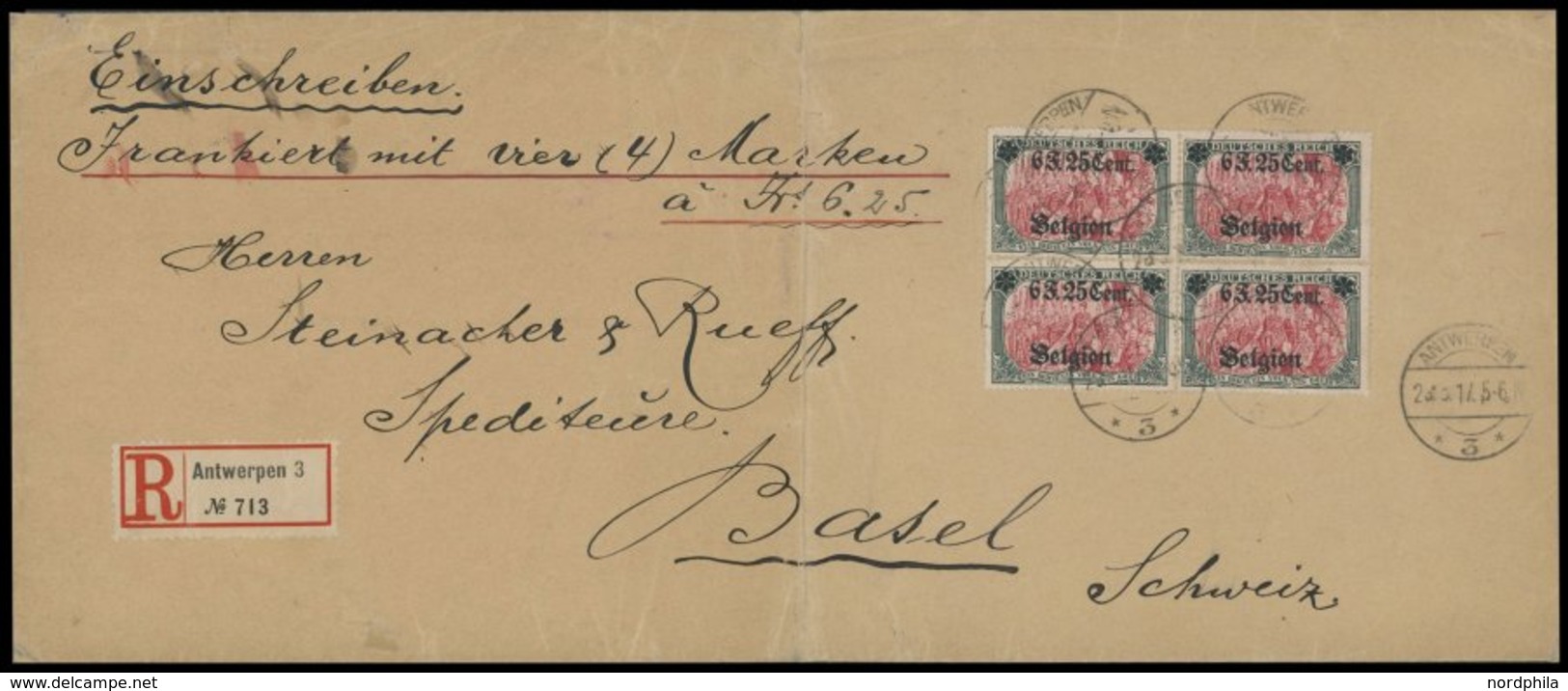 LANDESPOST IN BELGIEN 25I VB BRIEF, 1916, 6 F. 25 C. Auf 5 M., Type I, Prachtviererblock Auf Einschreibbrief (senkrecht  - Besetzungen 1914-18