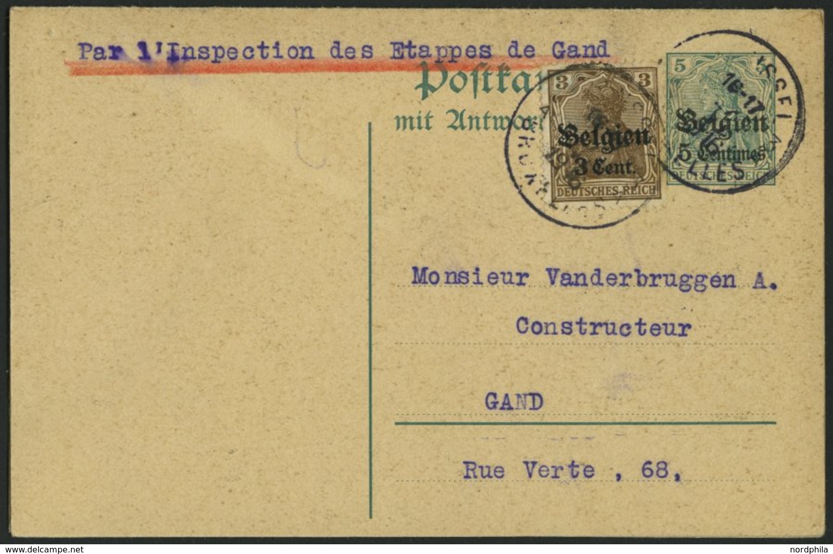 LANDESPOST IN BELGIEN P 4 BRIEF, Ganzsachen: 1915, 5 C. Auf 5 Pf., Frage- Und Antwortteil, Mit 3 C. Auf 3 Pf. Zusatzfran - Occupazione 1914 – 18