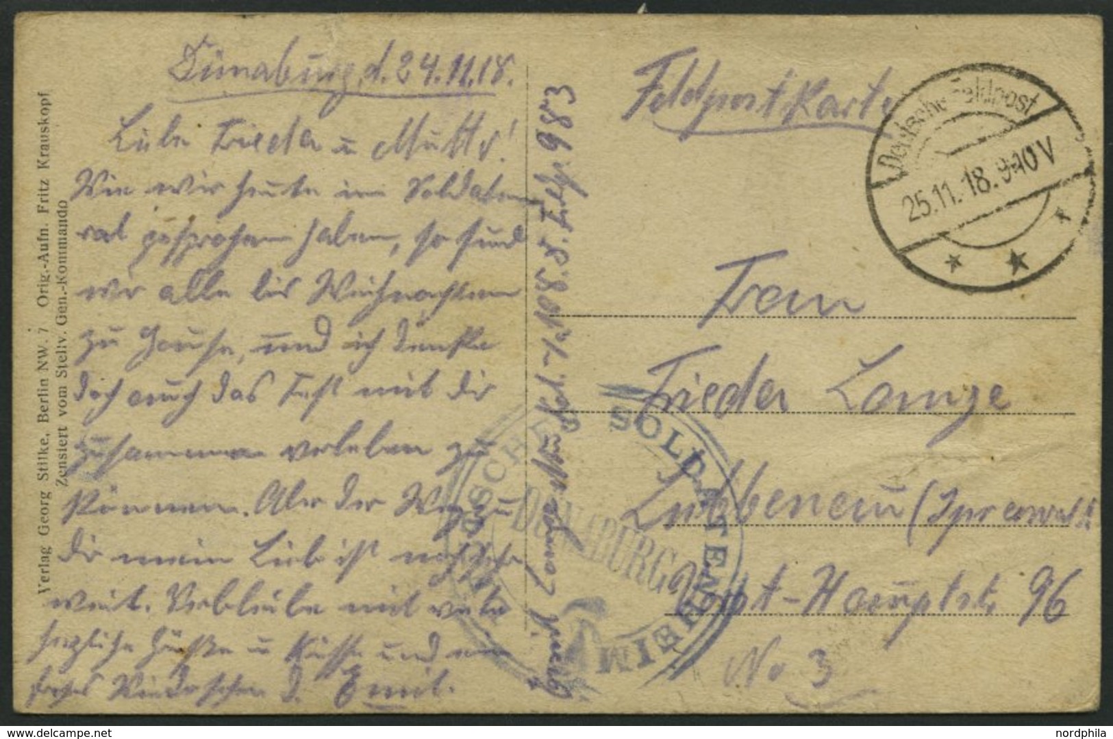 DT. FP IM BALTIKUM 1914/18 Deutsches Soldatenheim Dünaburg, Blauer K2, Mit Tarnstempel DEUTSCHE FELDPOST ***, Spätes Dat - Lettland