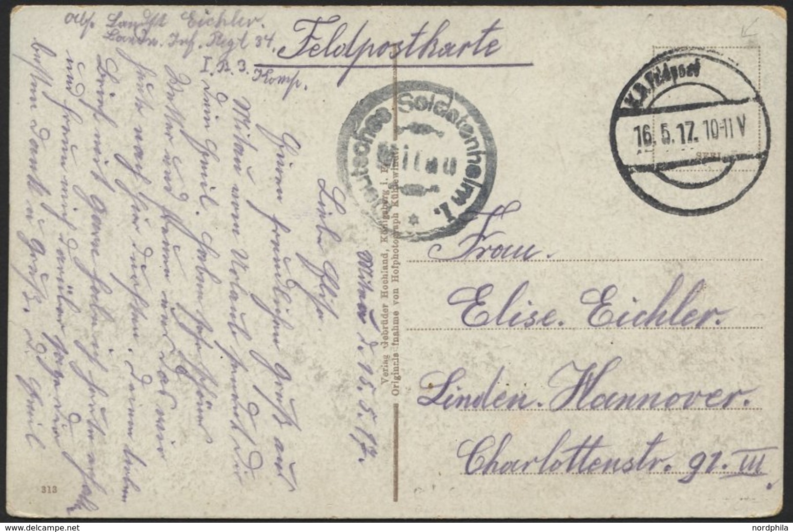 LETTLAND Feldpoststation Nr. 214, 16.5.17, Mit Ausgestanztem Stempel K.D. FELDPOST Auf Farbiger Ansichtskarte (Mitau-Kol - Lettonia