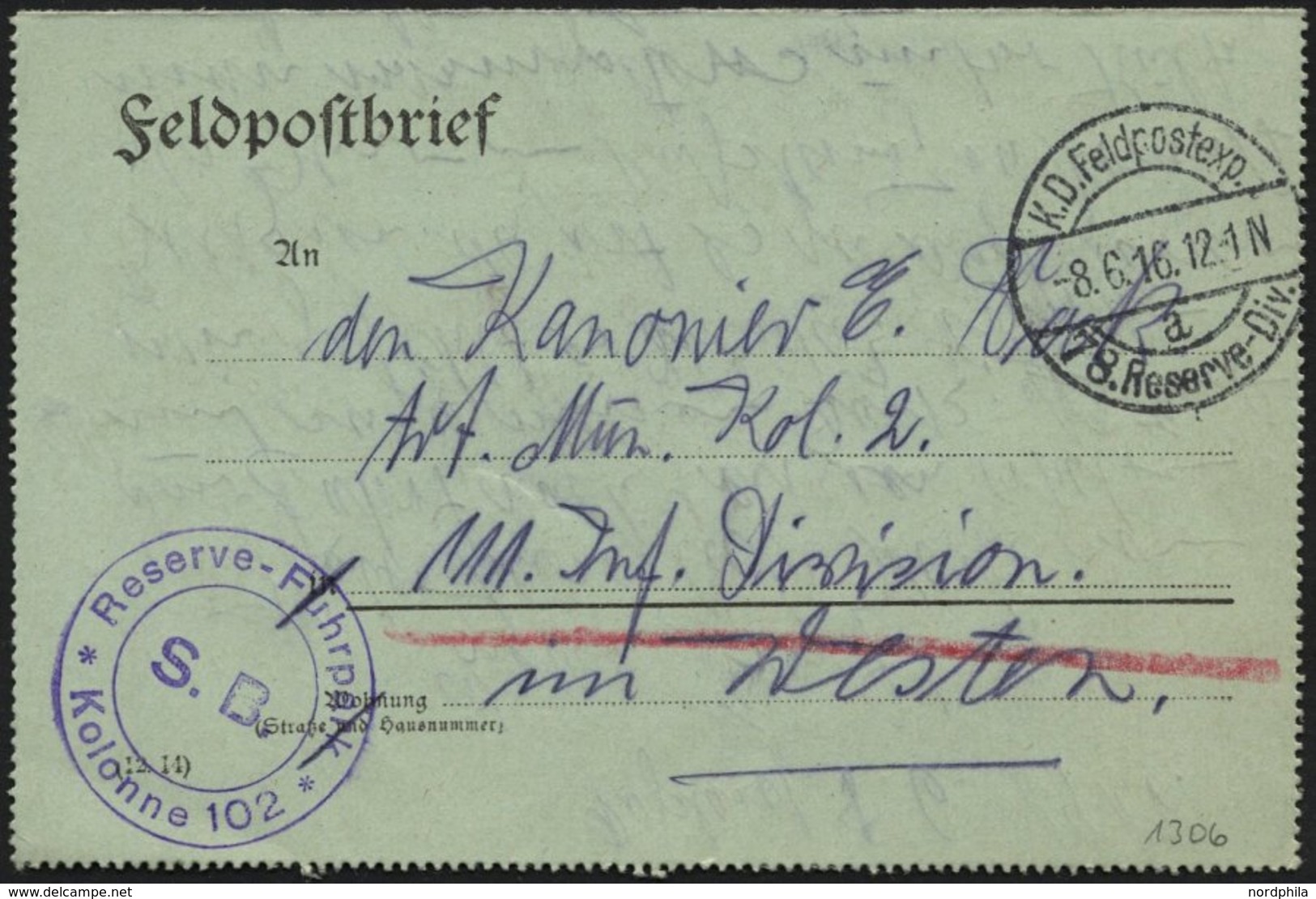 DT. FP IM BALTIKUM 1914/18 K.D. FELDPOSTEXP. 78. RESERVE DIV. A, 8.6.16, Auf Feldpostbrief An Die 111. Inf. Division Im  - Lettonie