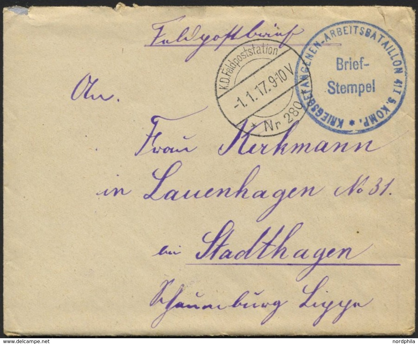 LETTLAND 2213I BRIEF, K.D. FELDPOSTSTATION NR. 280 **, Type I, 1.1.17, Auf Feldpostbrief Von Wainoden Nach Stadthagen, M - Lettonie