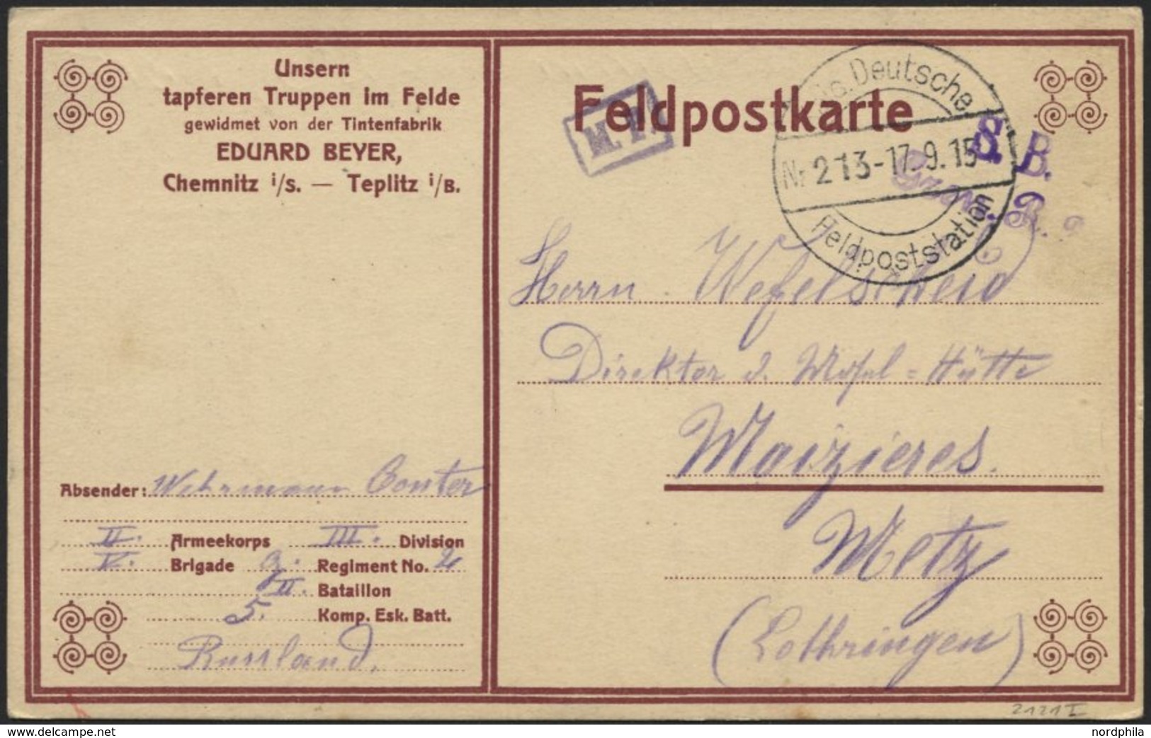 DT. FP IM BALTIKUM 1914/18 KAIS. DEUTSCHE FELDPOSTSTATION NR. 213, Type I, 17.9.15, Auf Feldpostkarte (mit Eindruck: Uns - Lettonie